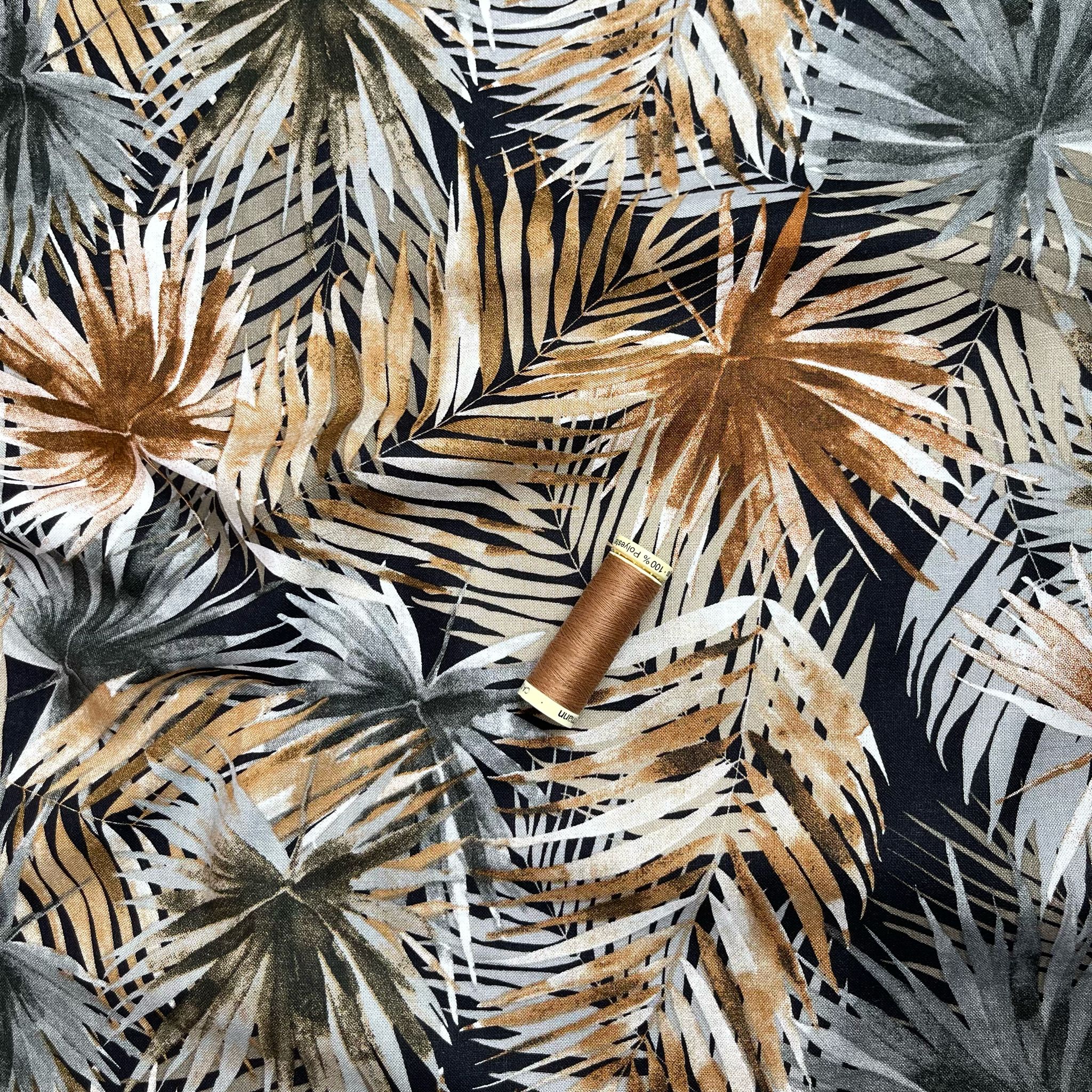 REMNANT 3.09 Metres - Tropical Fan Leaves in Brown Viscose Linen Blend Fabric