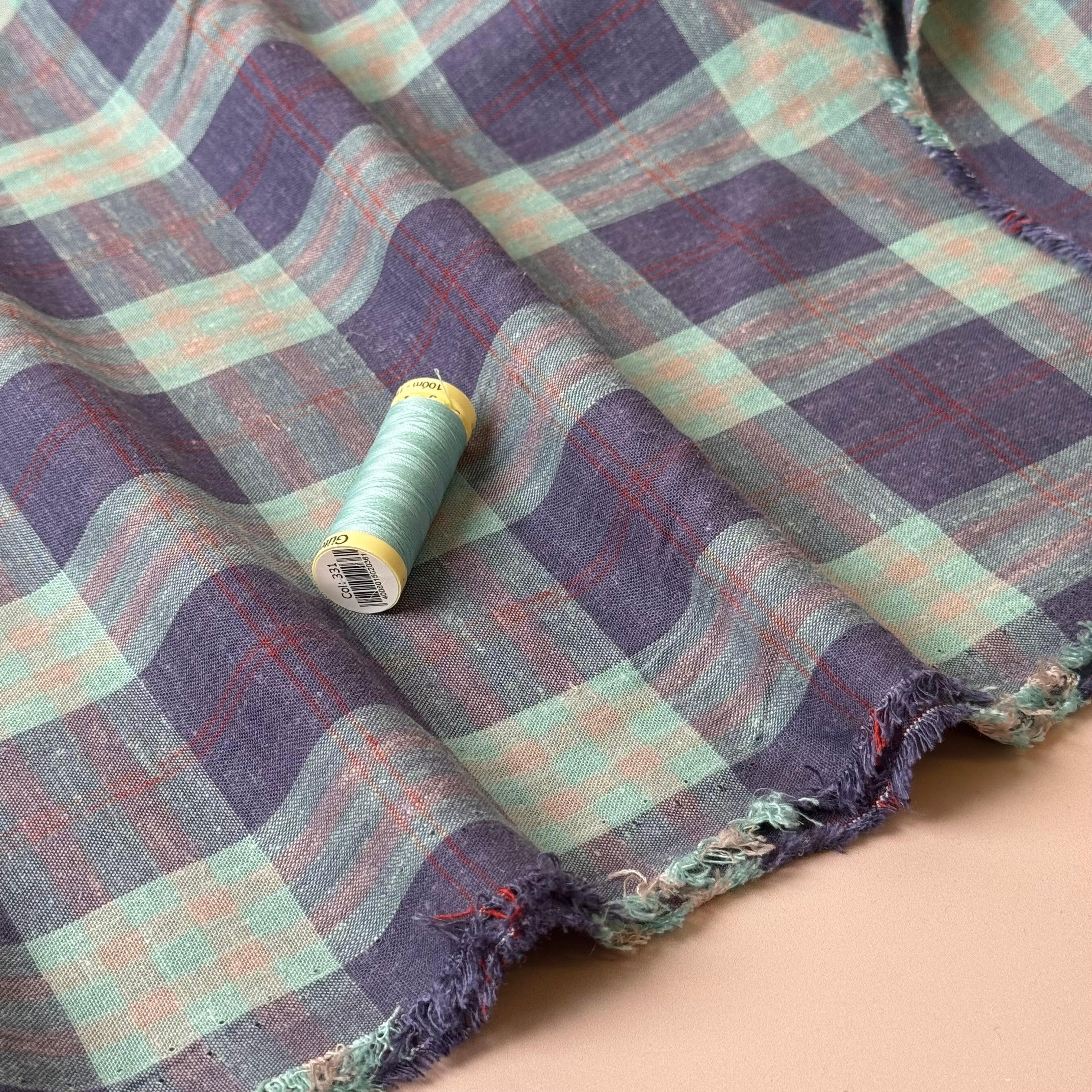 Yarn Dyed Mint and Purple Checks Linen Viscose Fabric