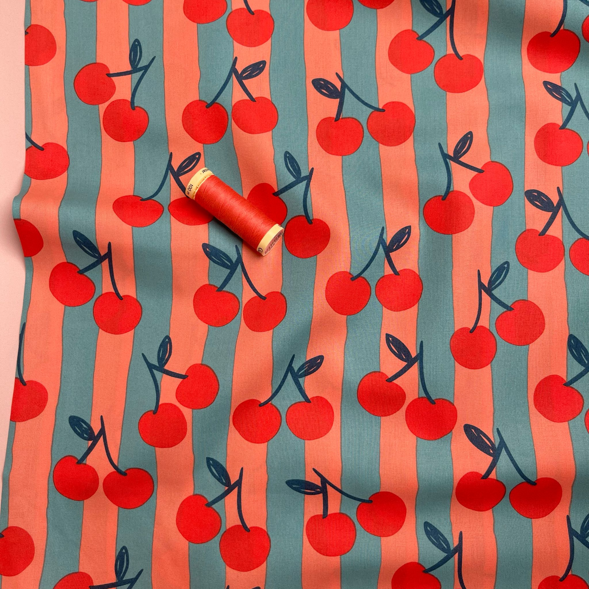 Funky Cherry Stripes on Turquoise Cotton Poplin Fabric