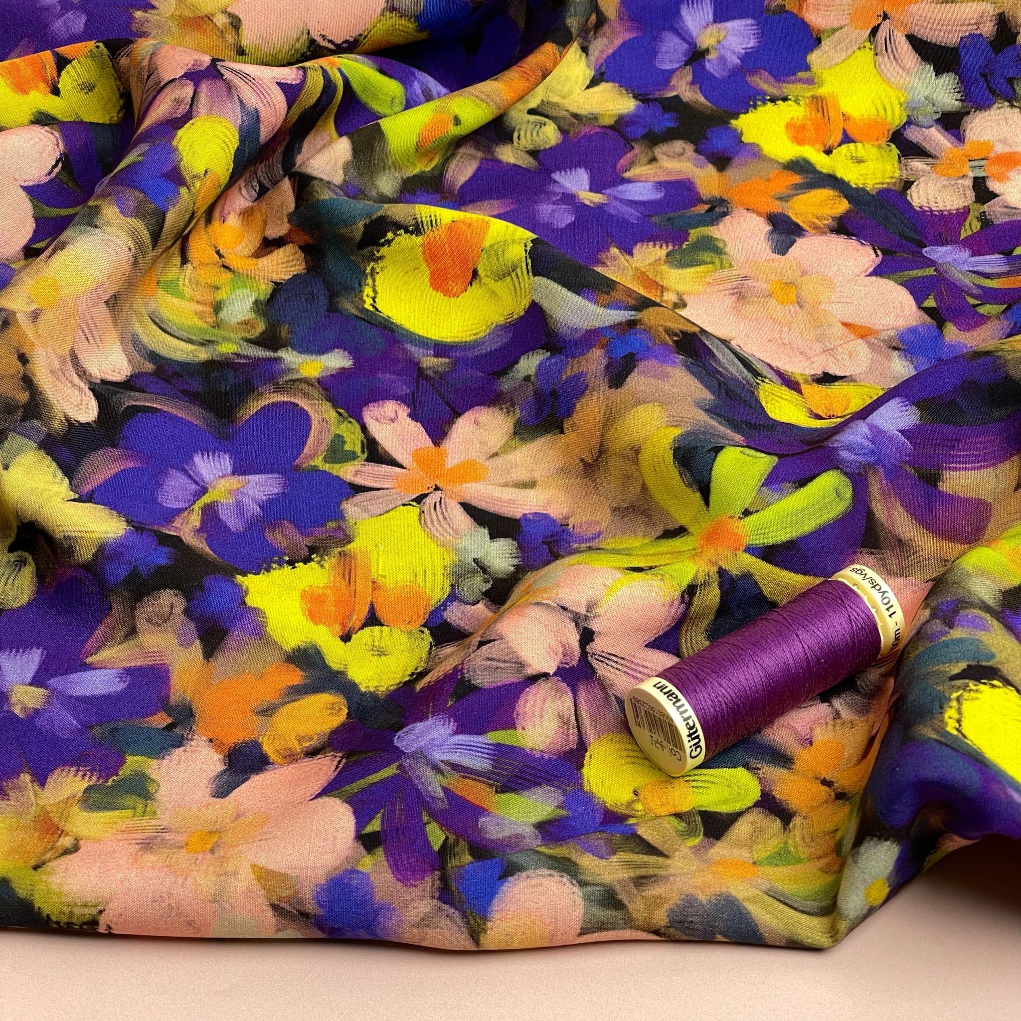 Purple and Yellow Florals Viscose Fabric