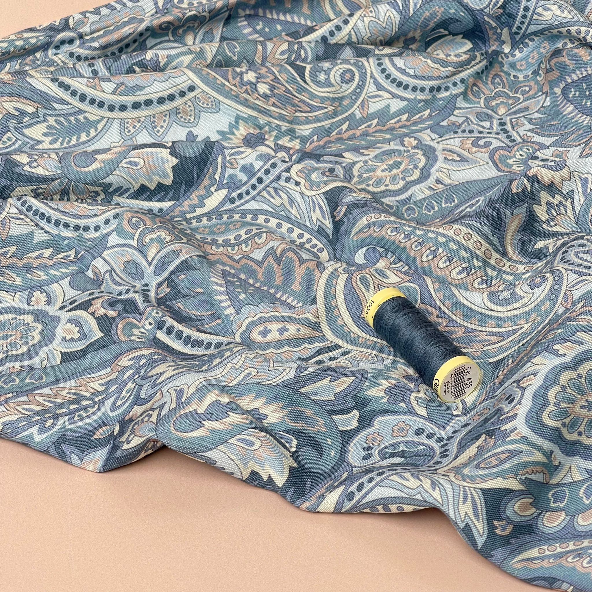REMNANT 1.75 Metres - Denim Paisley Viscose Linen Fabric