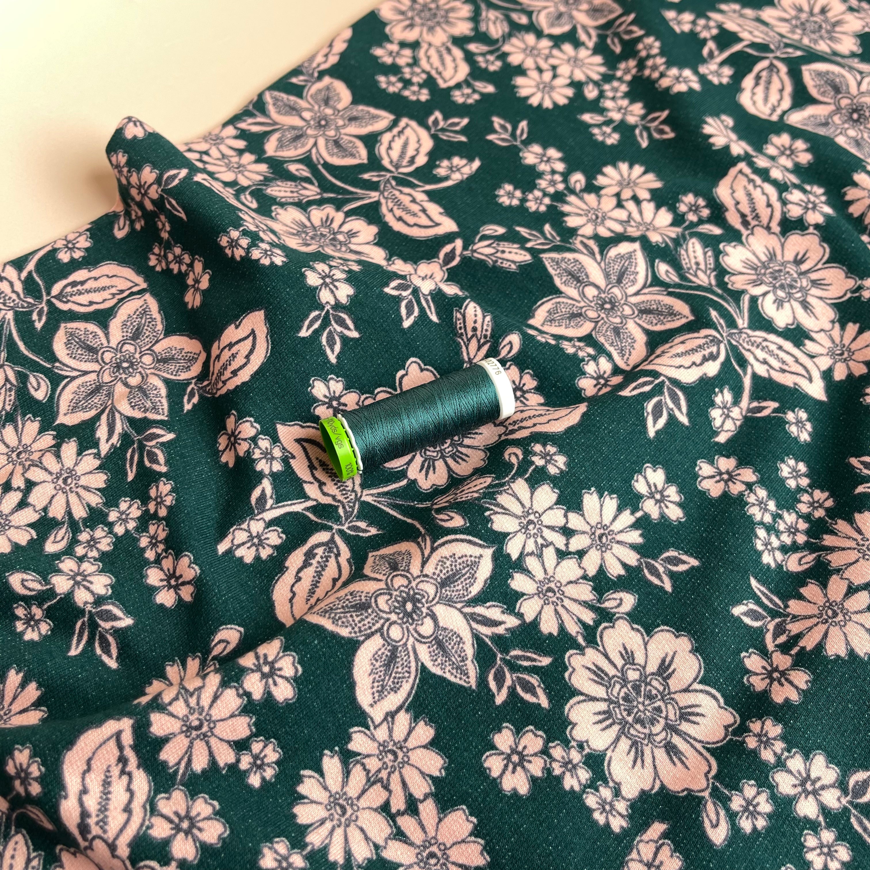 REMNANT 0.28 Metre - Line Flowers Teal Peach Soft Cotton Sweat-shirting Fabric