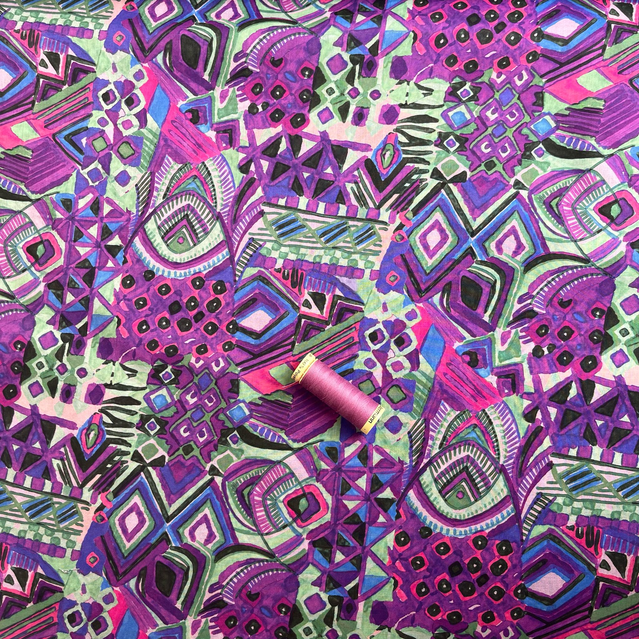 REMNANT 0.64 Metre - Painted Purple Aztec Cotton Voile Fabric