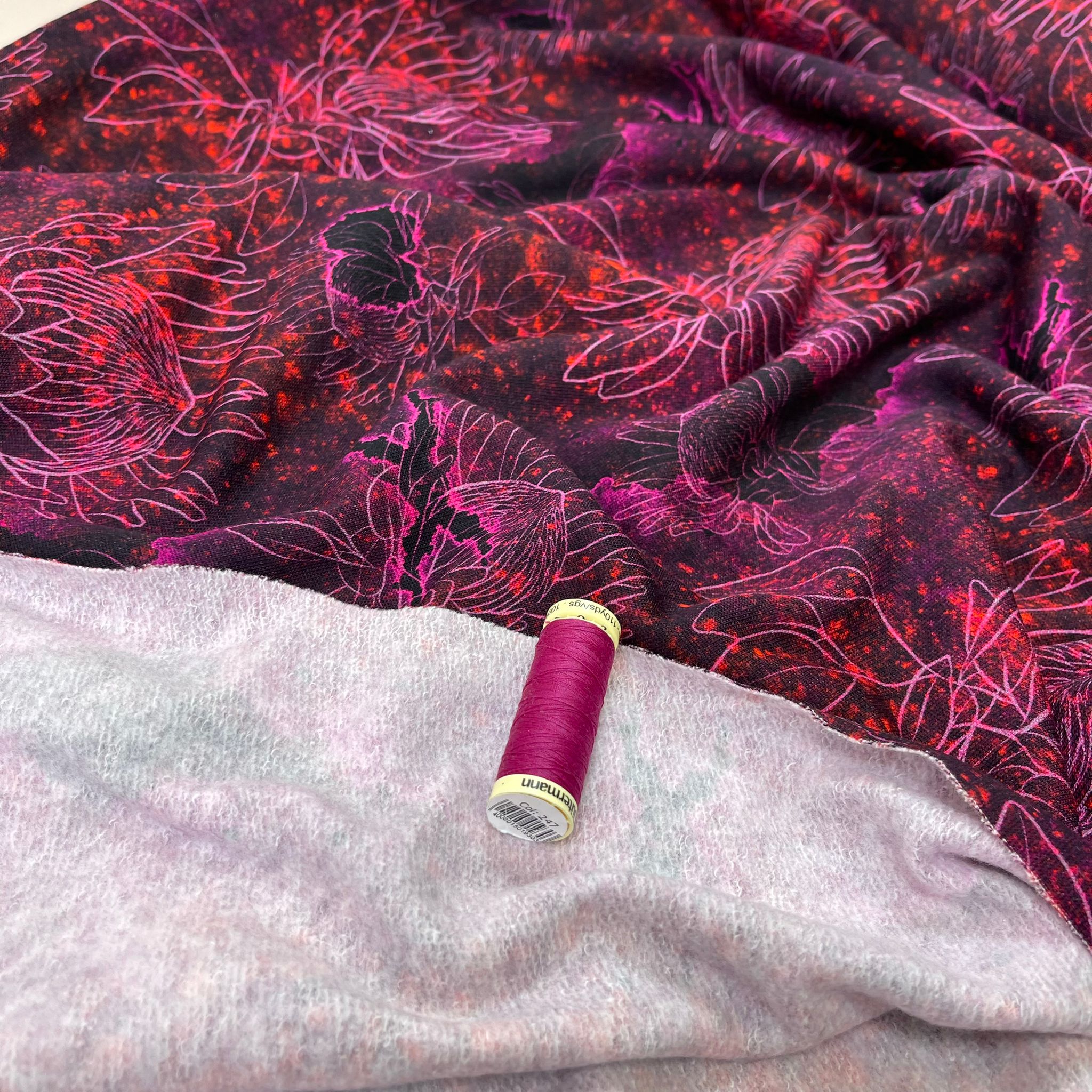 Pink Blooms on Burgundy Pure Cotton French Terry