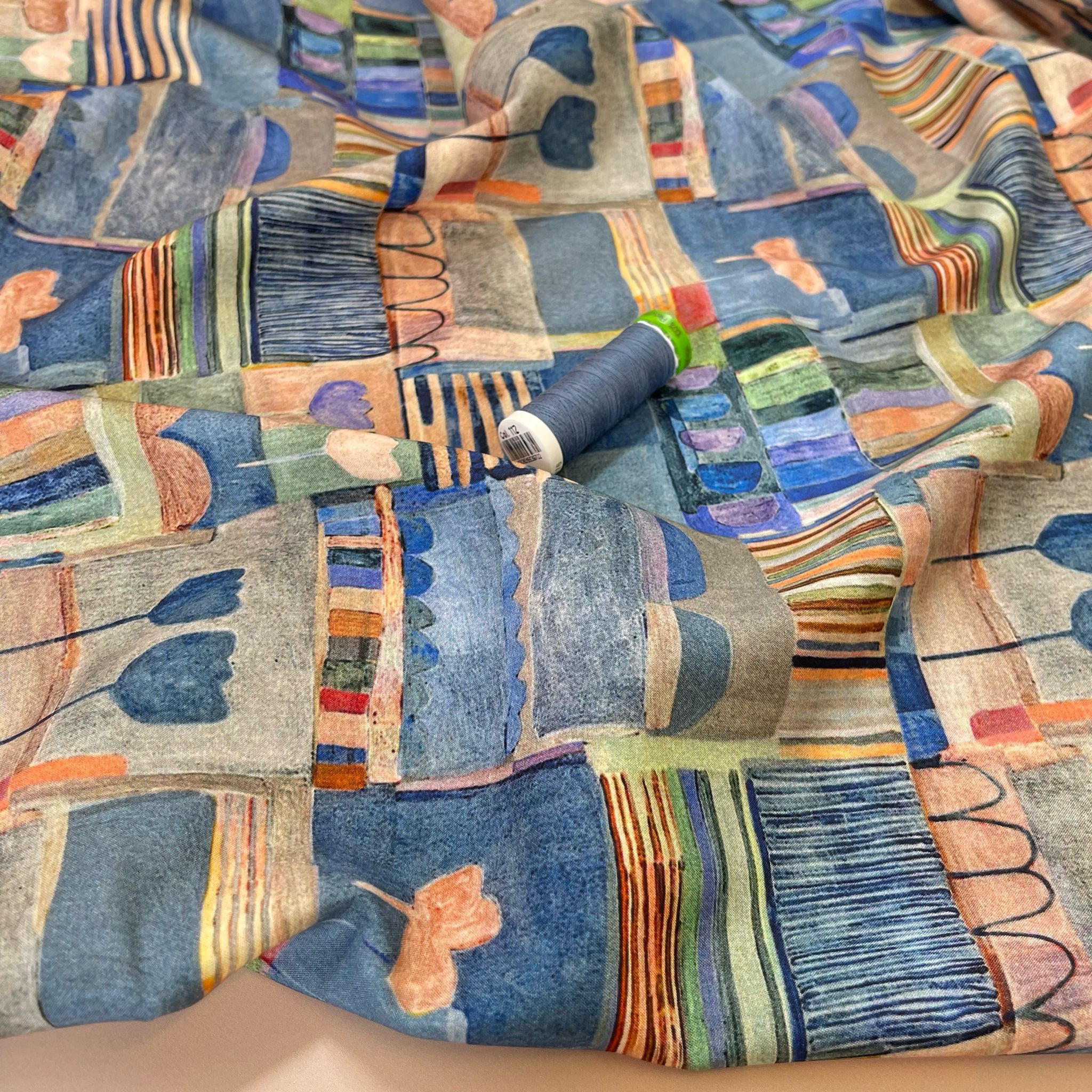 REMNANT 0.67 Metre - Patchwork Sketches Dusty Blue Viscose Fabric