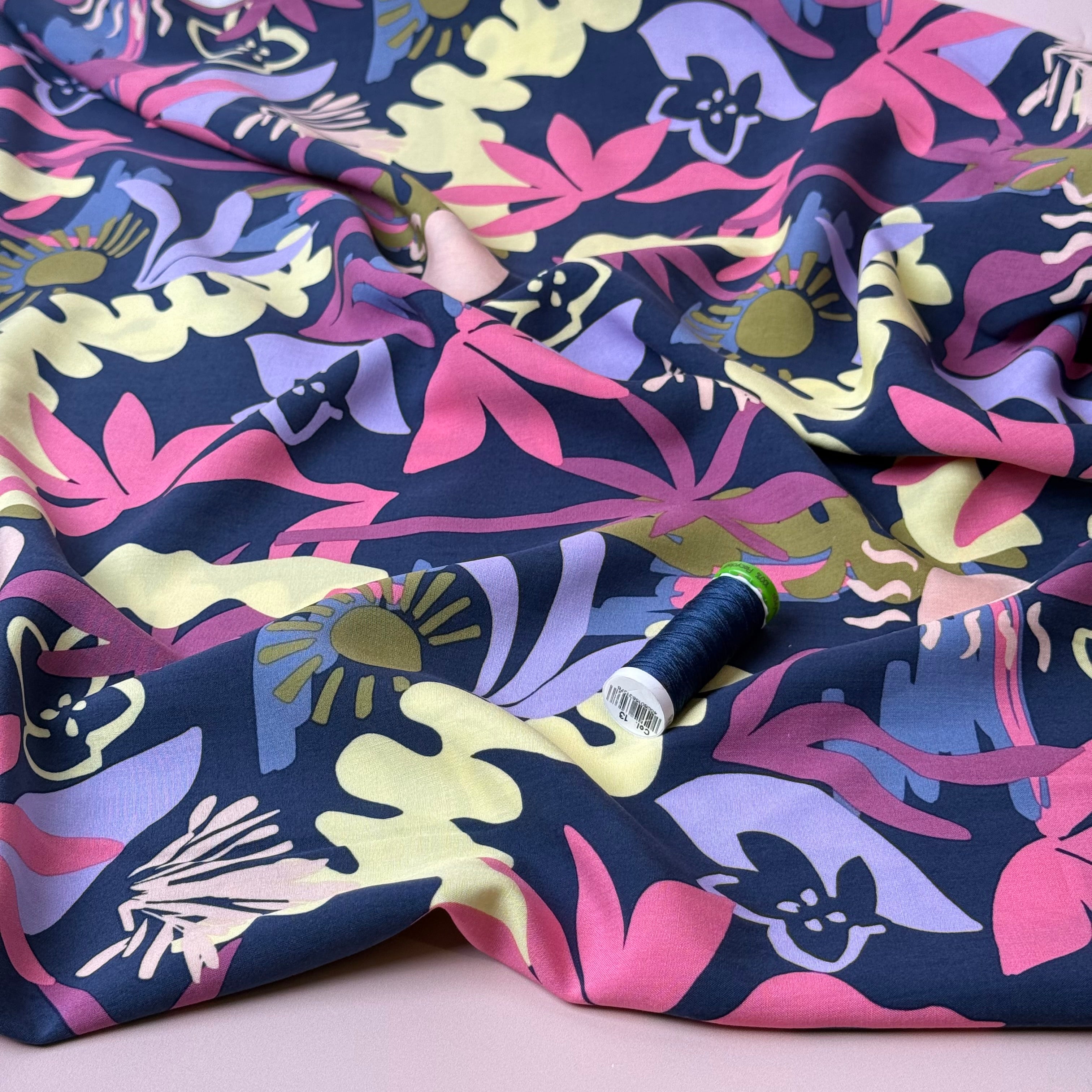 Autumn Resort on Navy LENZING™ ECOVERO™ Viscose Fabric