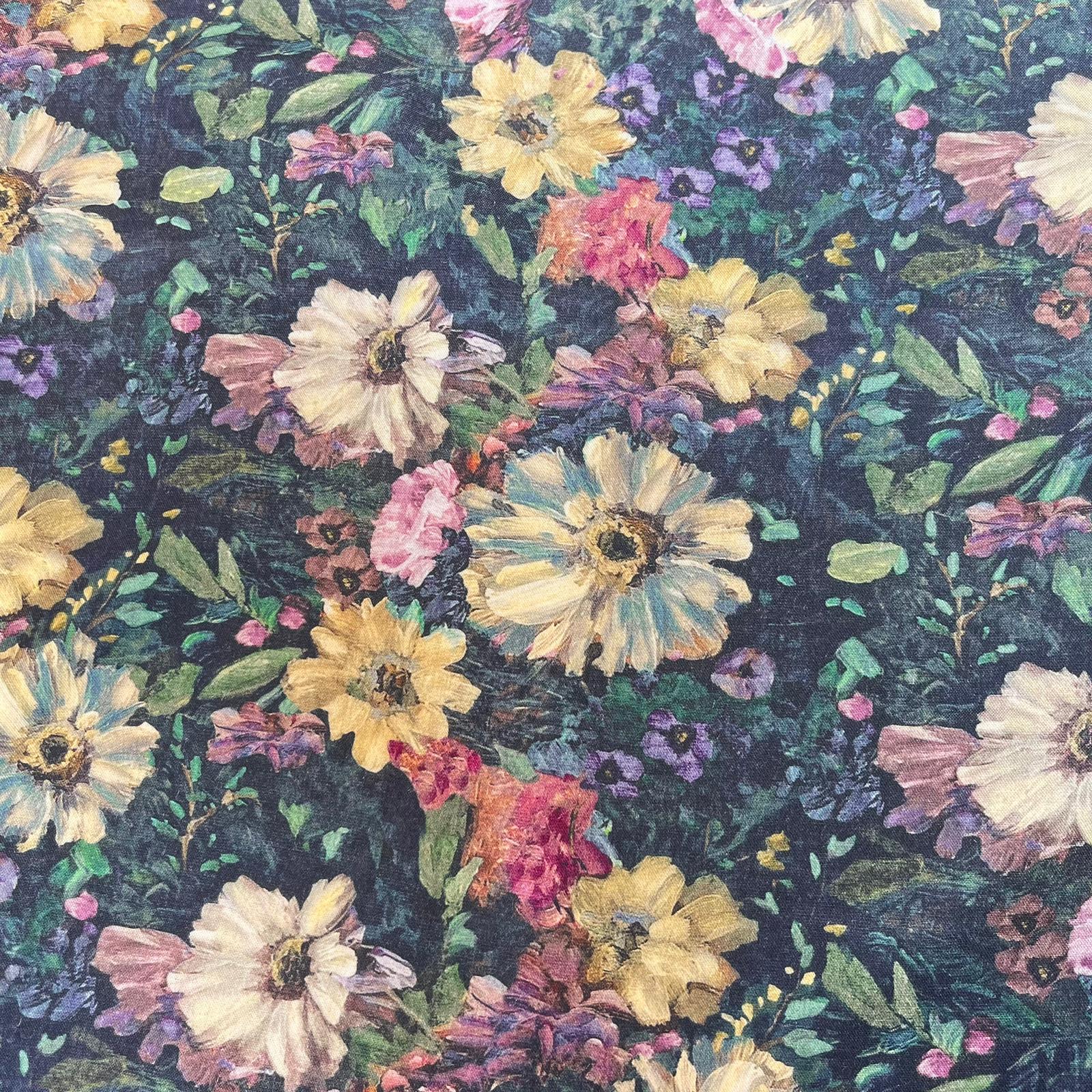 Painted Indigo Flowers Viscose Linen Fabric