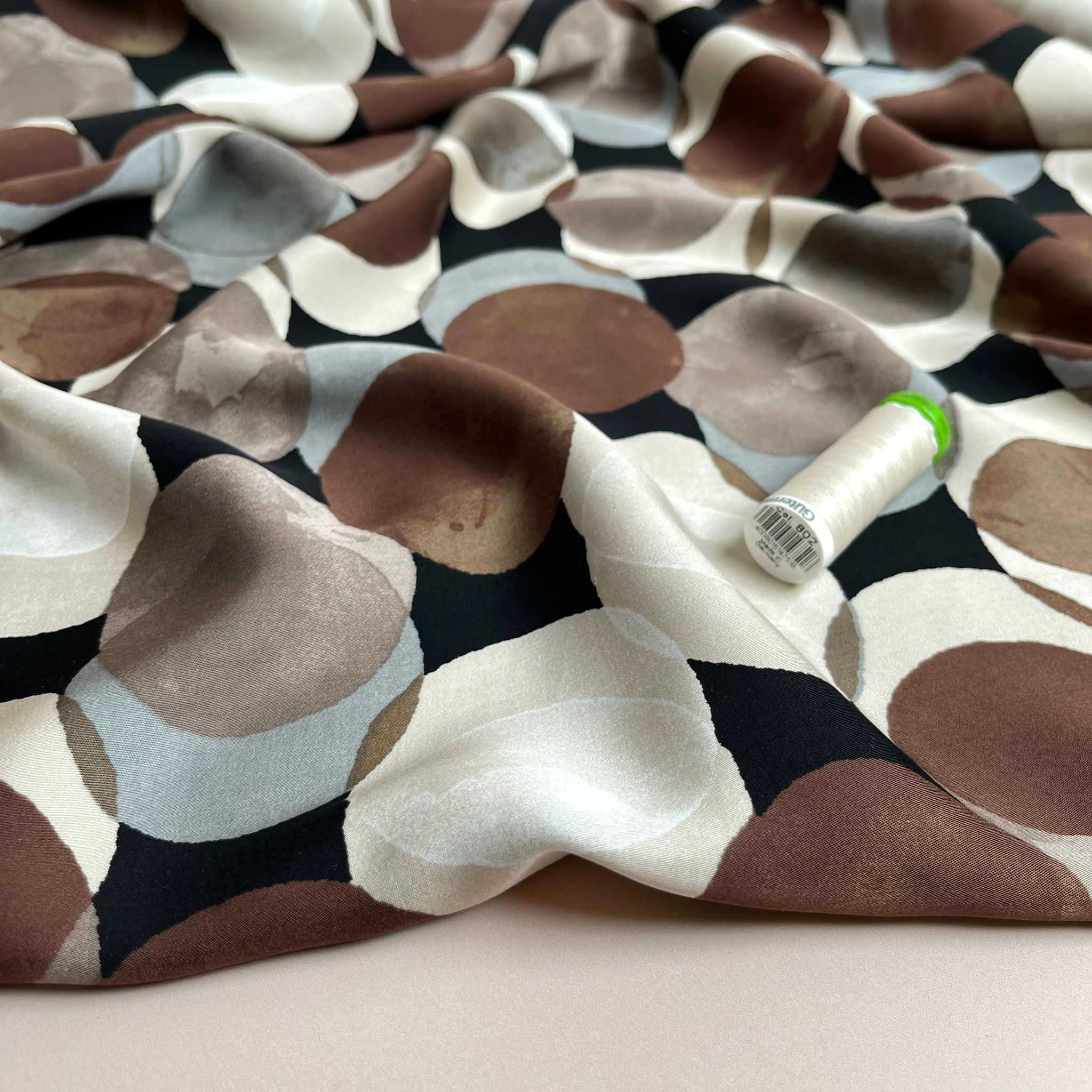 Watercolour Dots on Black Viscose Sateen Fabric