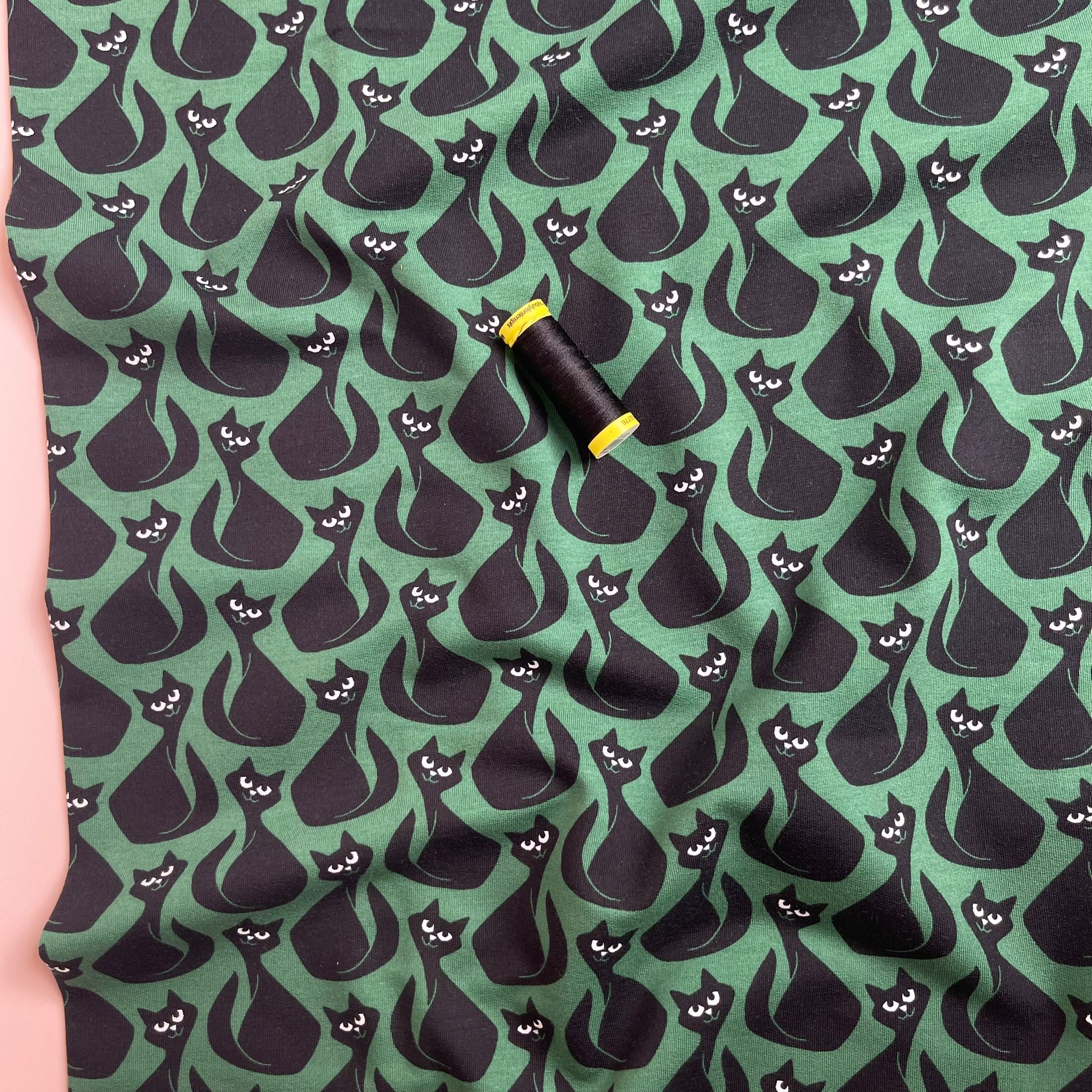 Black Cats on Emerald Cotton French Terry