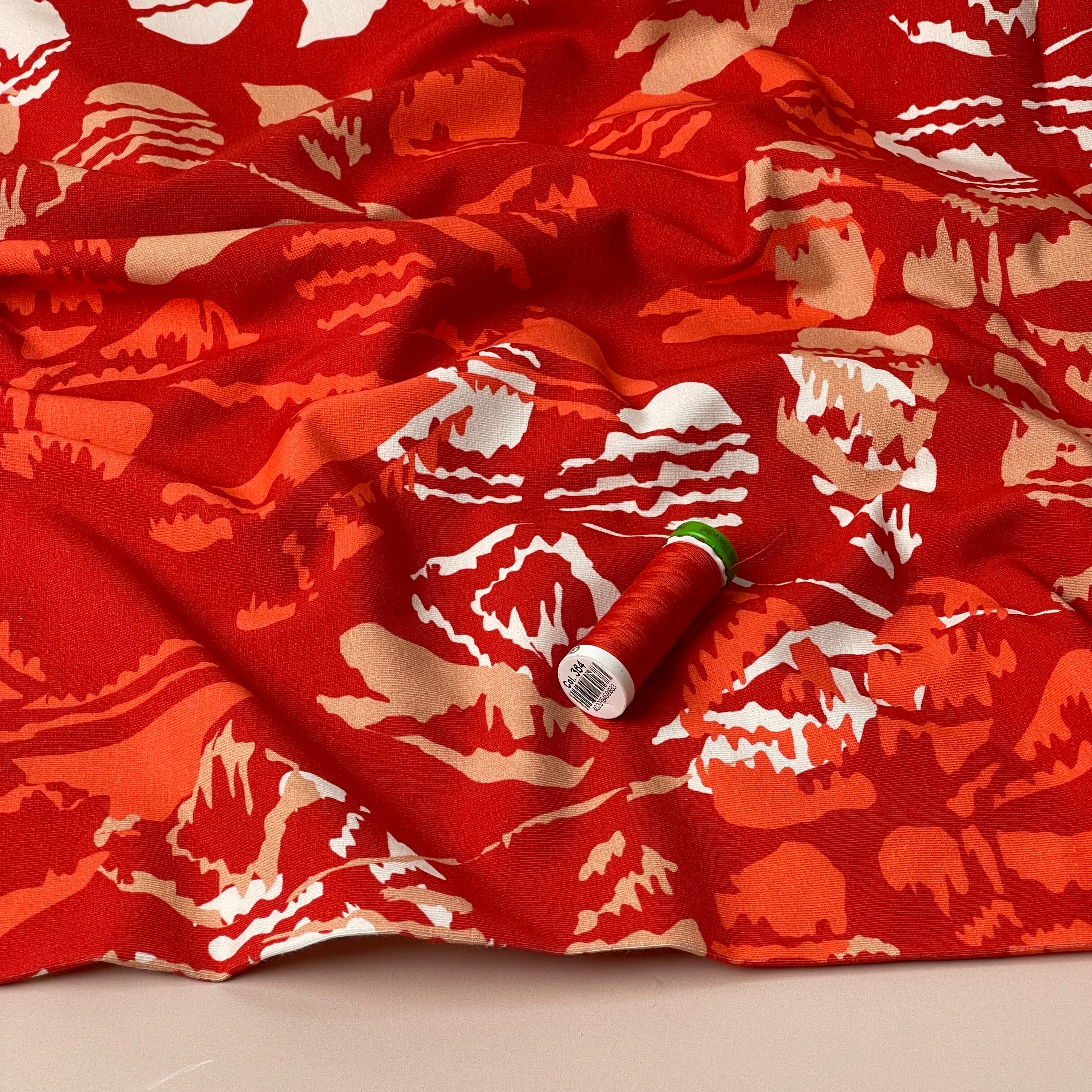 Danish Design - Flower Stamps on Red Cotton Jersey Fabric