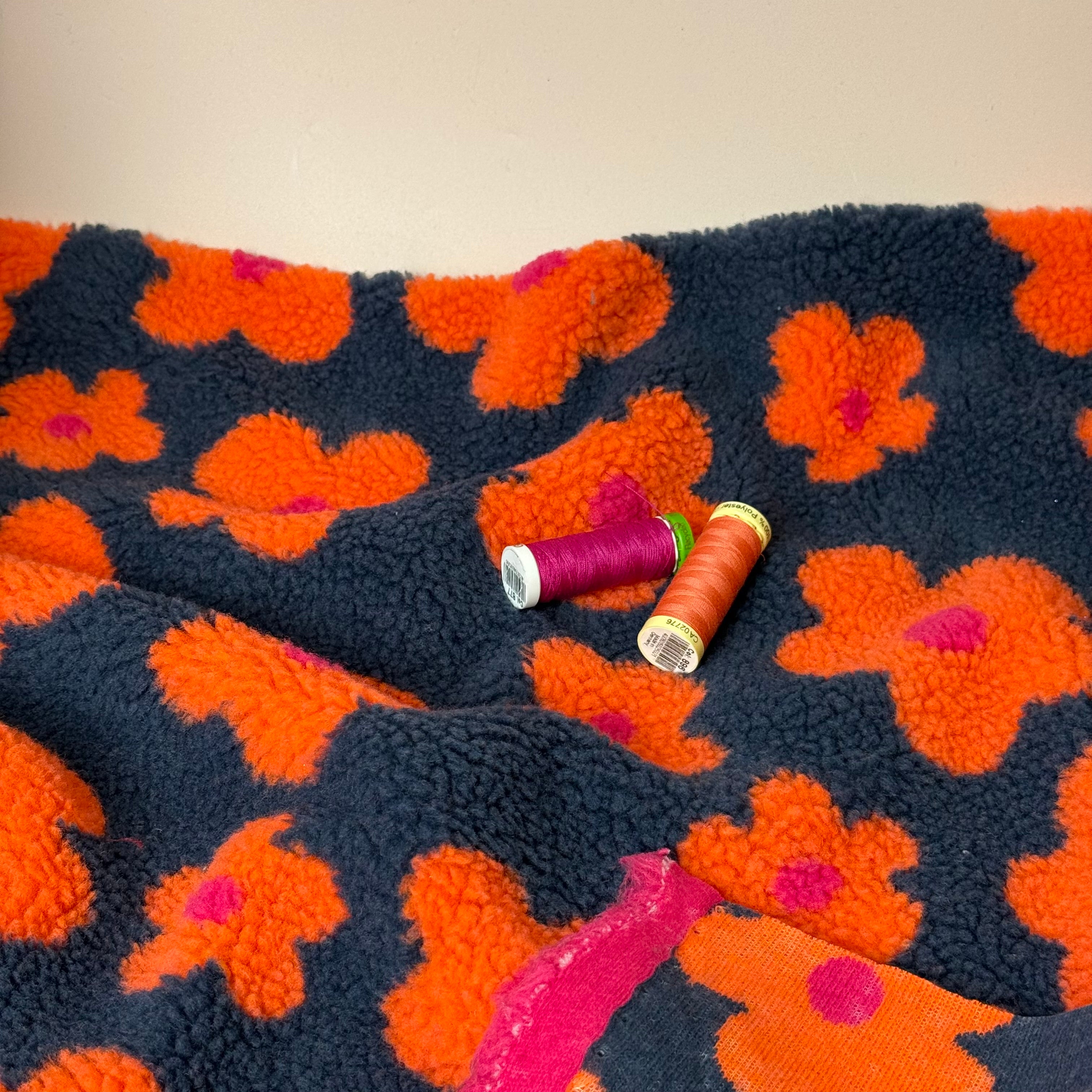 Flowers on Navy Teddy Coating Fabric