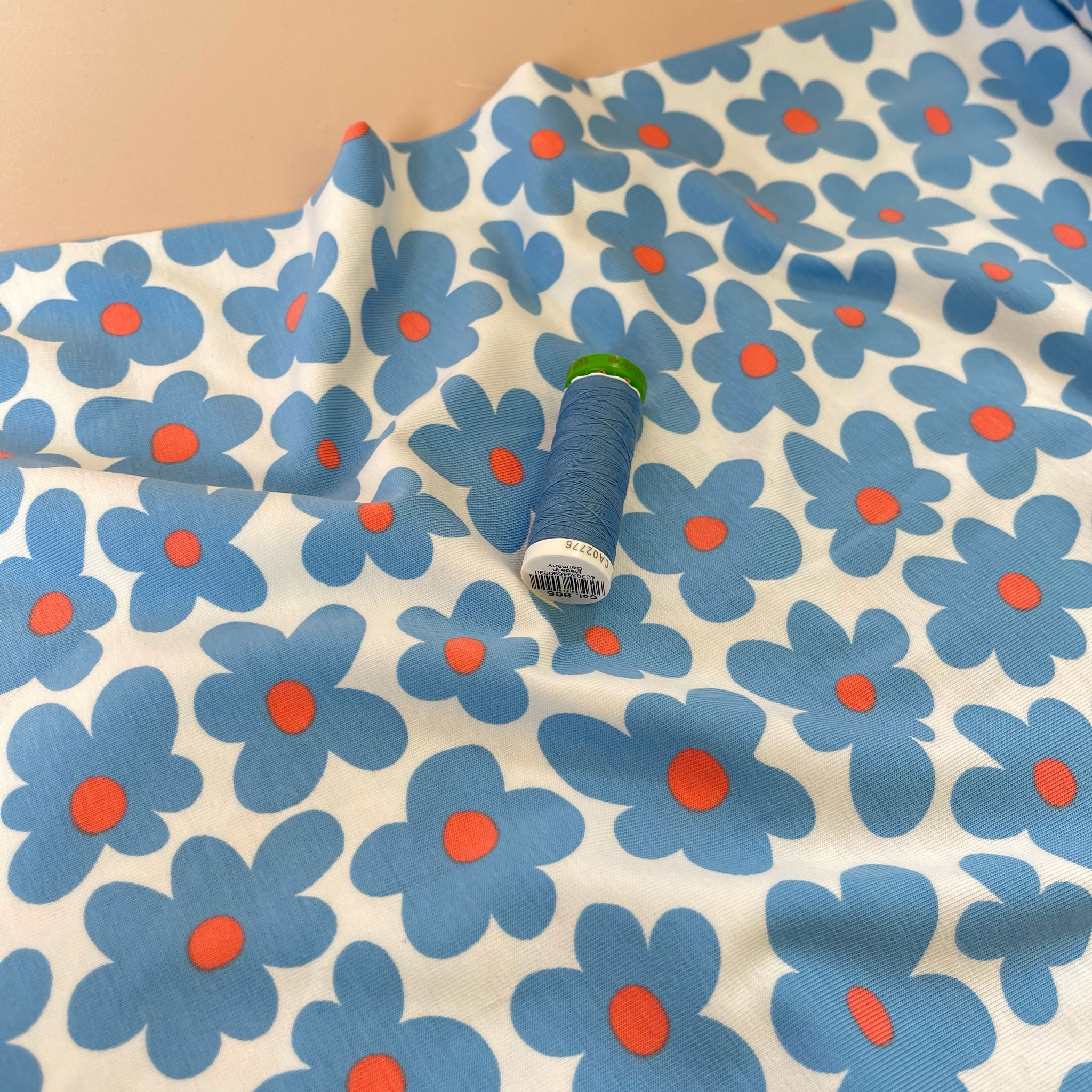 Fun Flowers in Blue Cotton Jersey Fabric