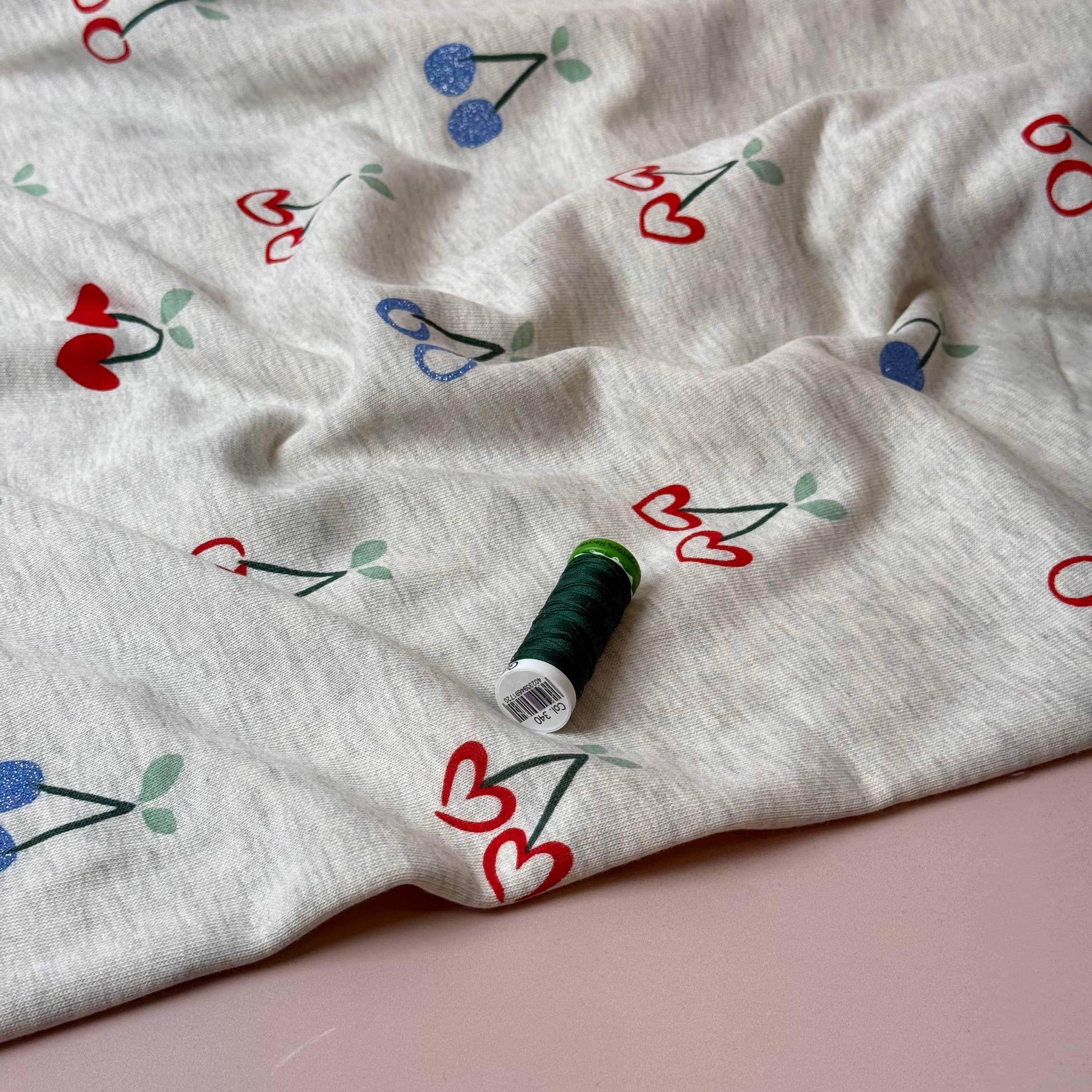 Glitter Cherries on Melange Ecru Cotton Sweat-shirting Fabric