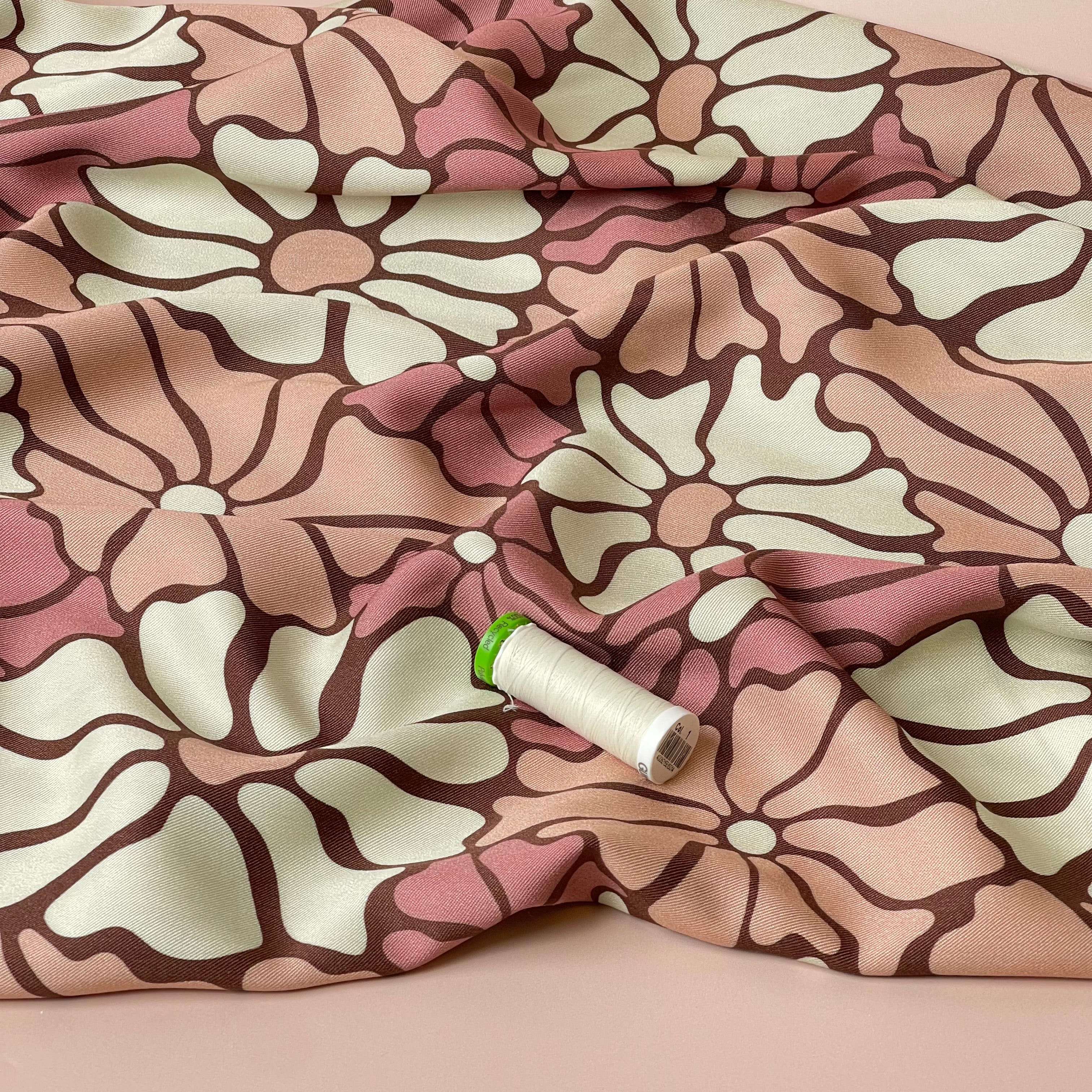 Light & Lush - Pink Blooms on Brown Viscose Twill Fabric