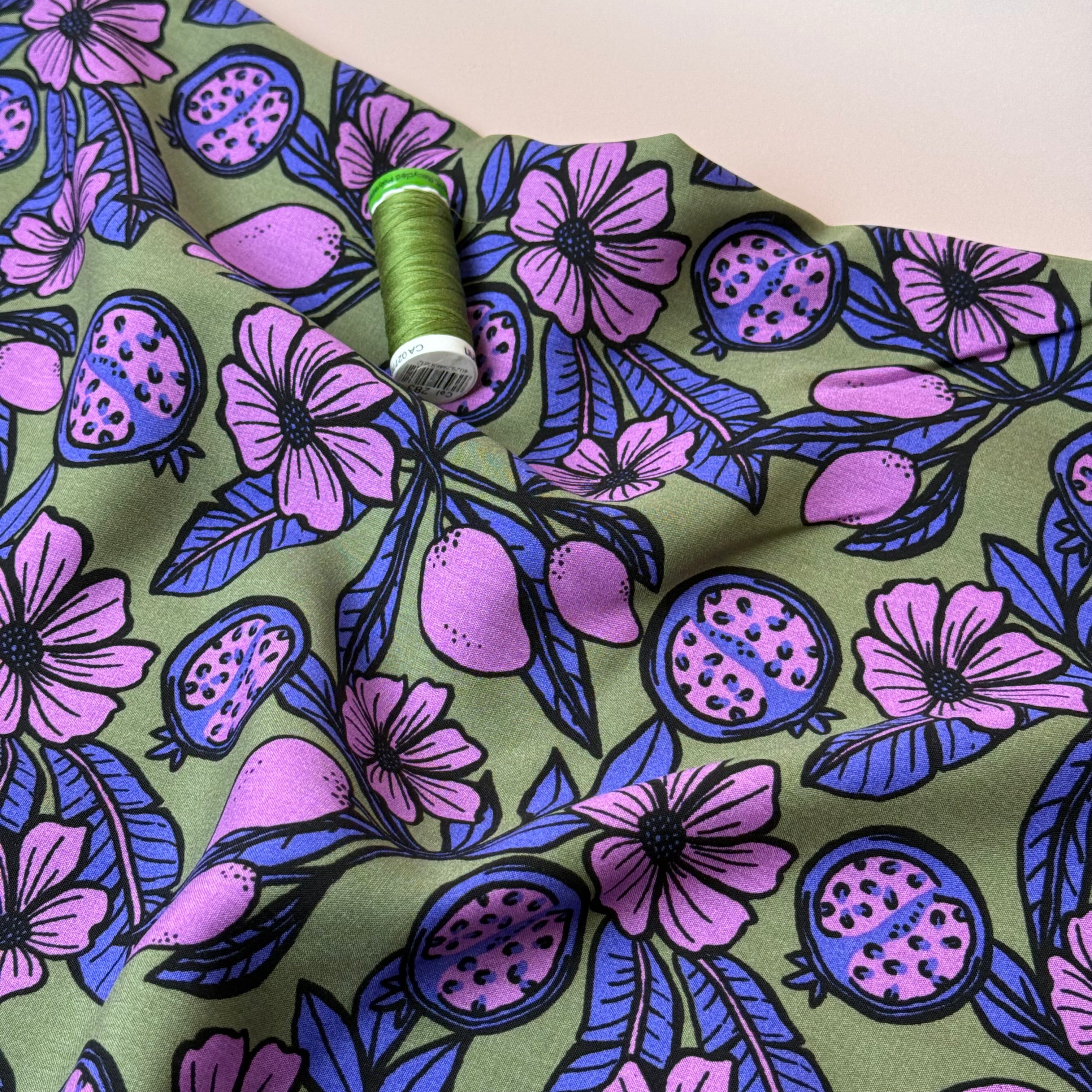 Pomegranates on Olive Green Viscose Fabric