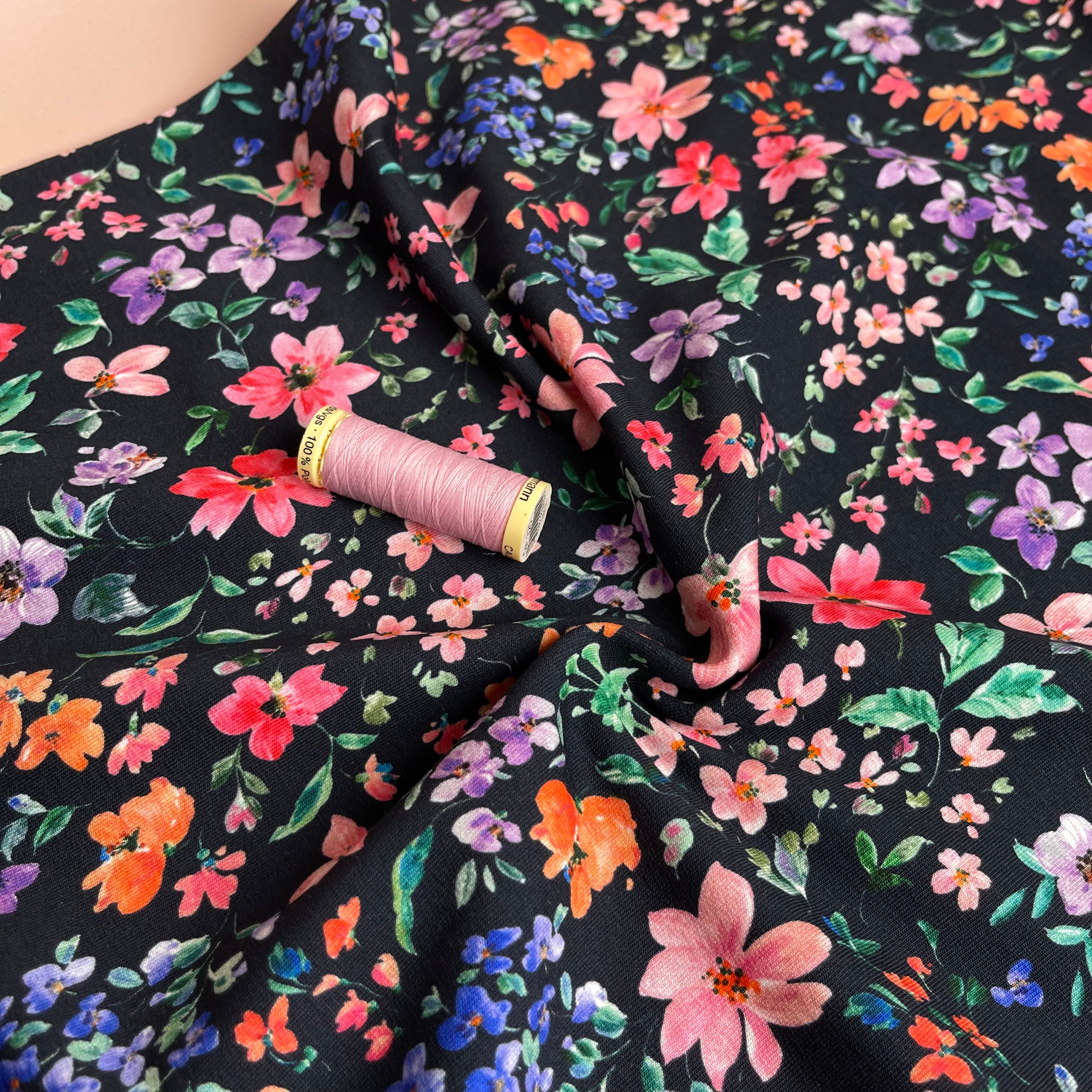 REMNANT 2.65 Metres - Small Flowers on Navy Cotton French Terry