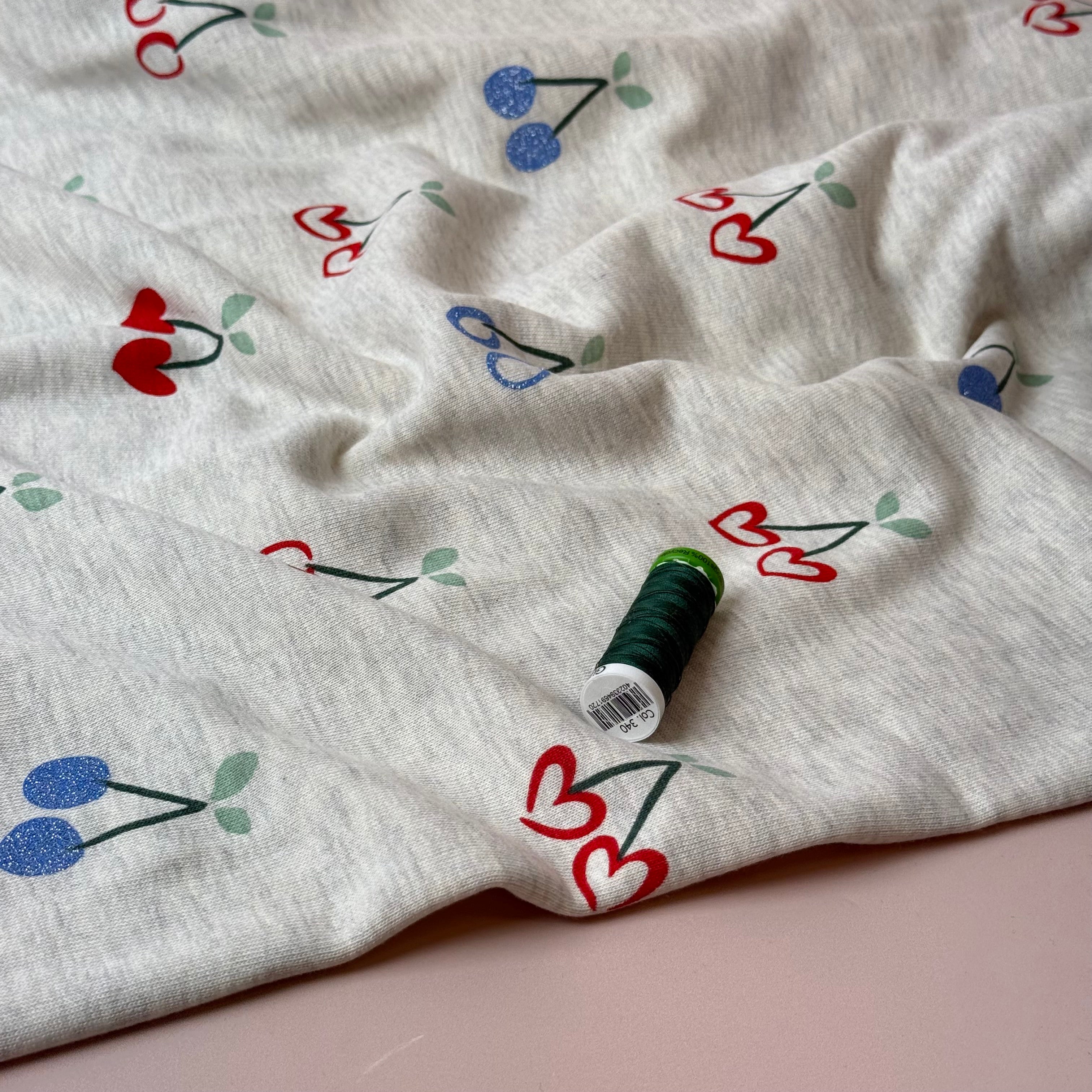 Glitter Cherries on Melange Ecru Cotton Sweat-shirting Fabric