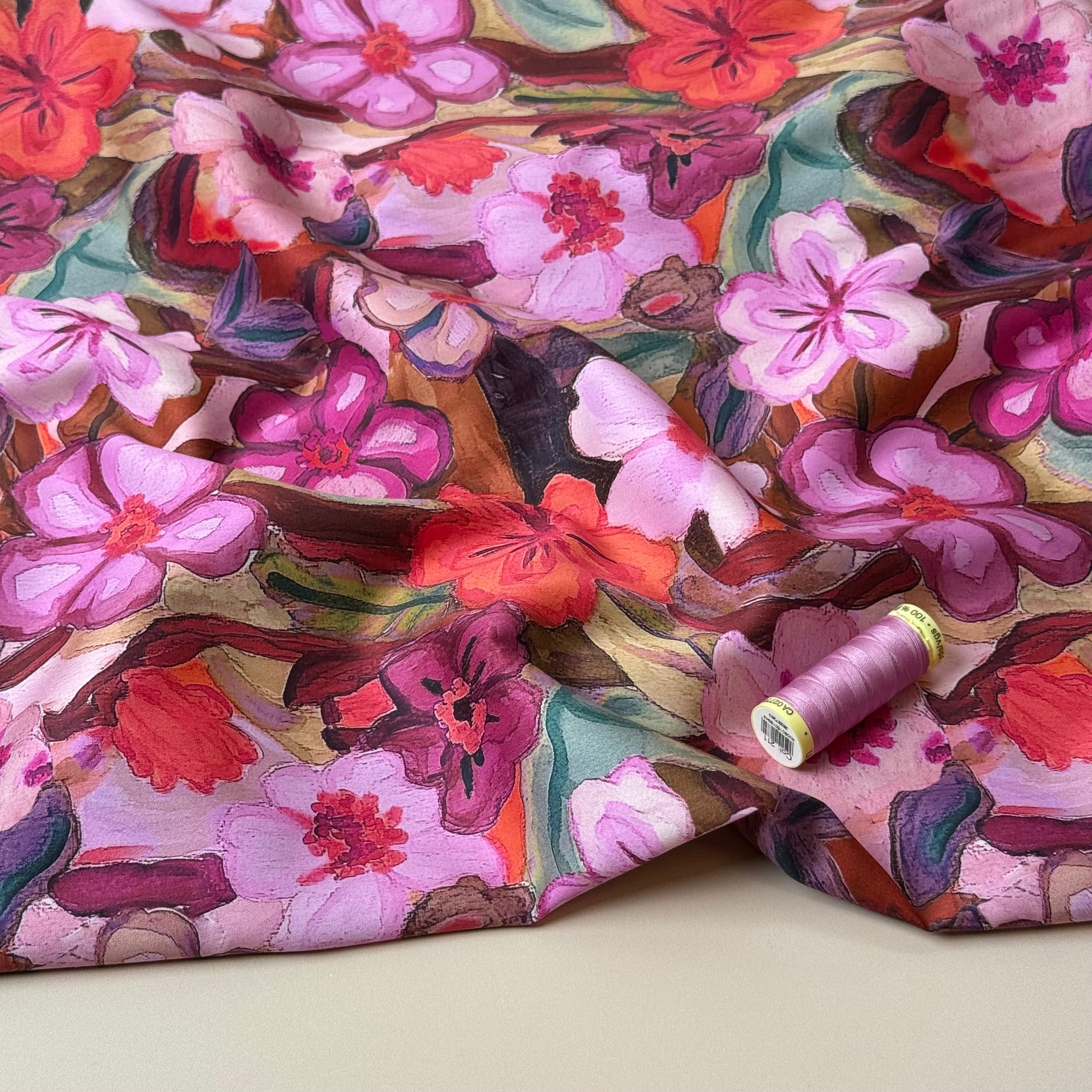 Pink Pastel Flowers Cotton Sateen Fabric