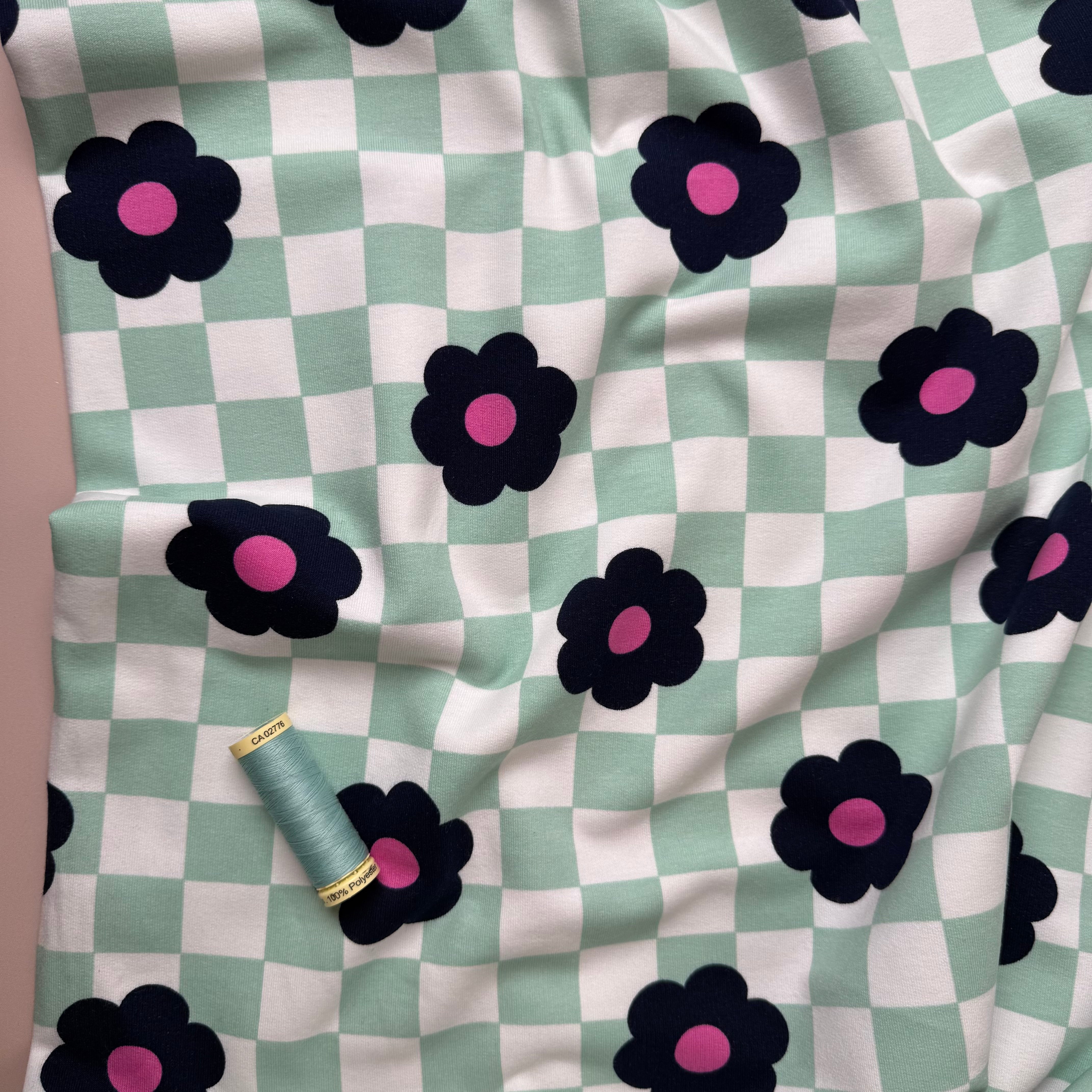 Gingham Flowers Mint Soft Cotton Sweat-shirting Fabric