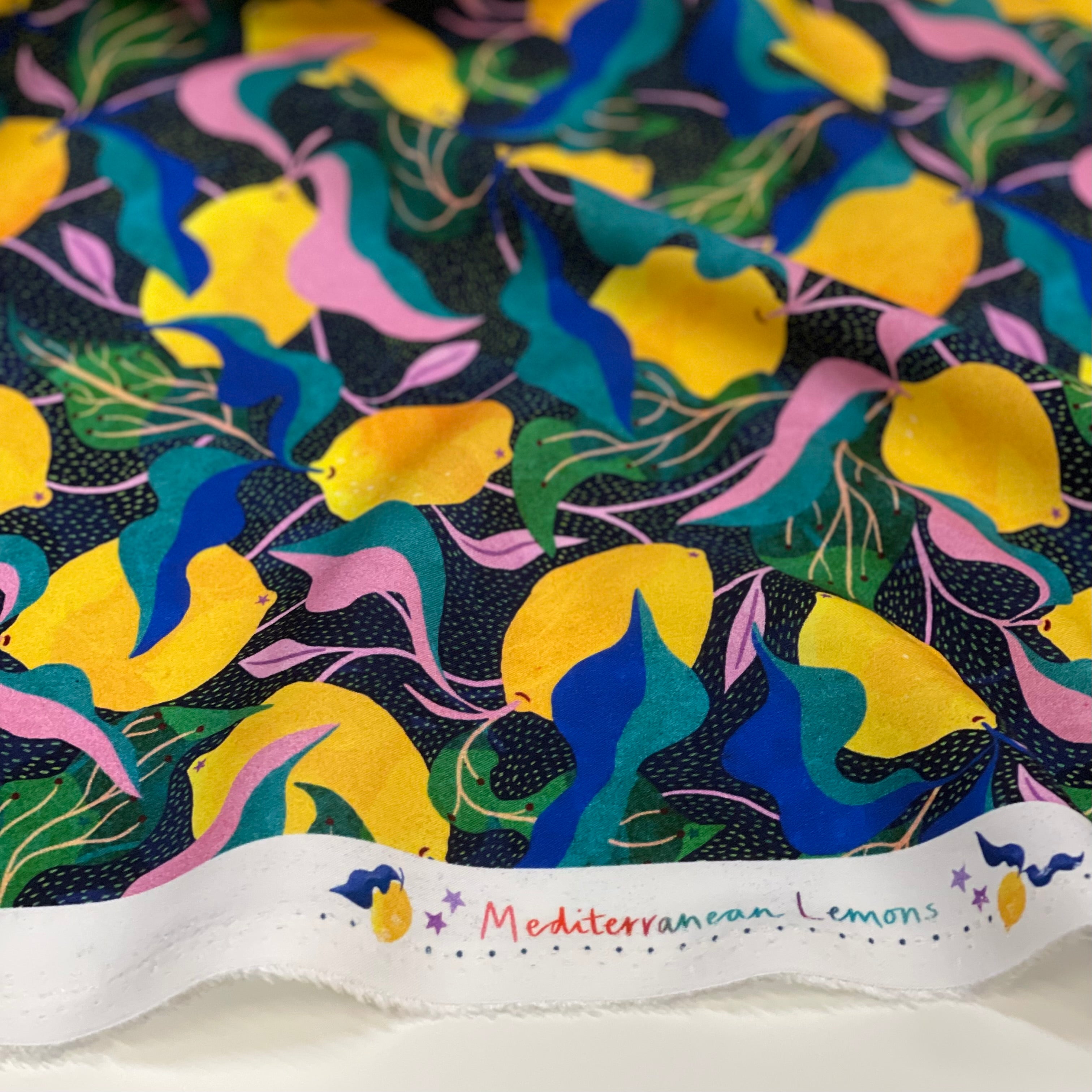 Adventure - Mediterranean Lemons Viscose in Dark Navy & Green