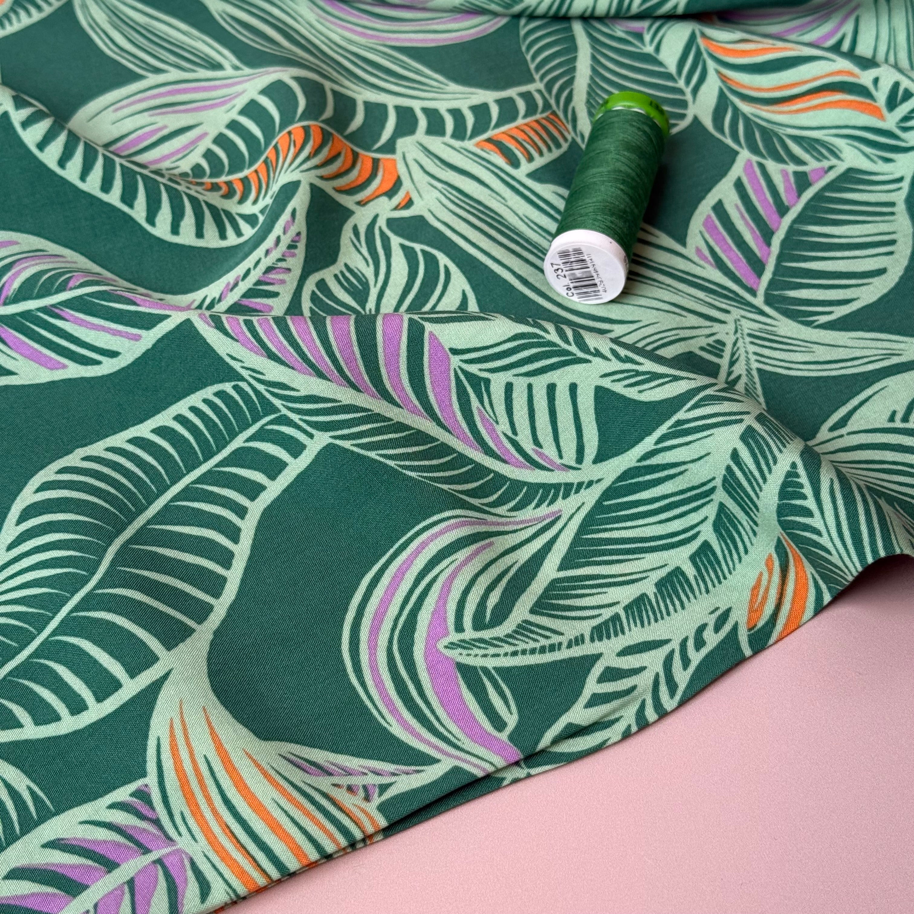 Leaves on Green LENZING™ ECOVERO™ Viscose Fabric