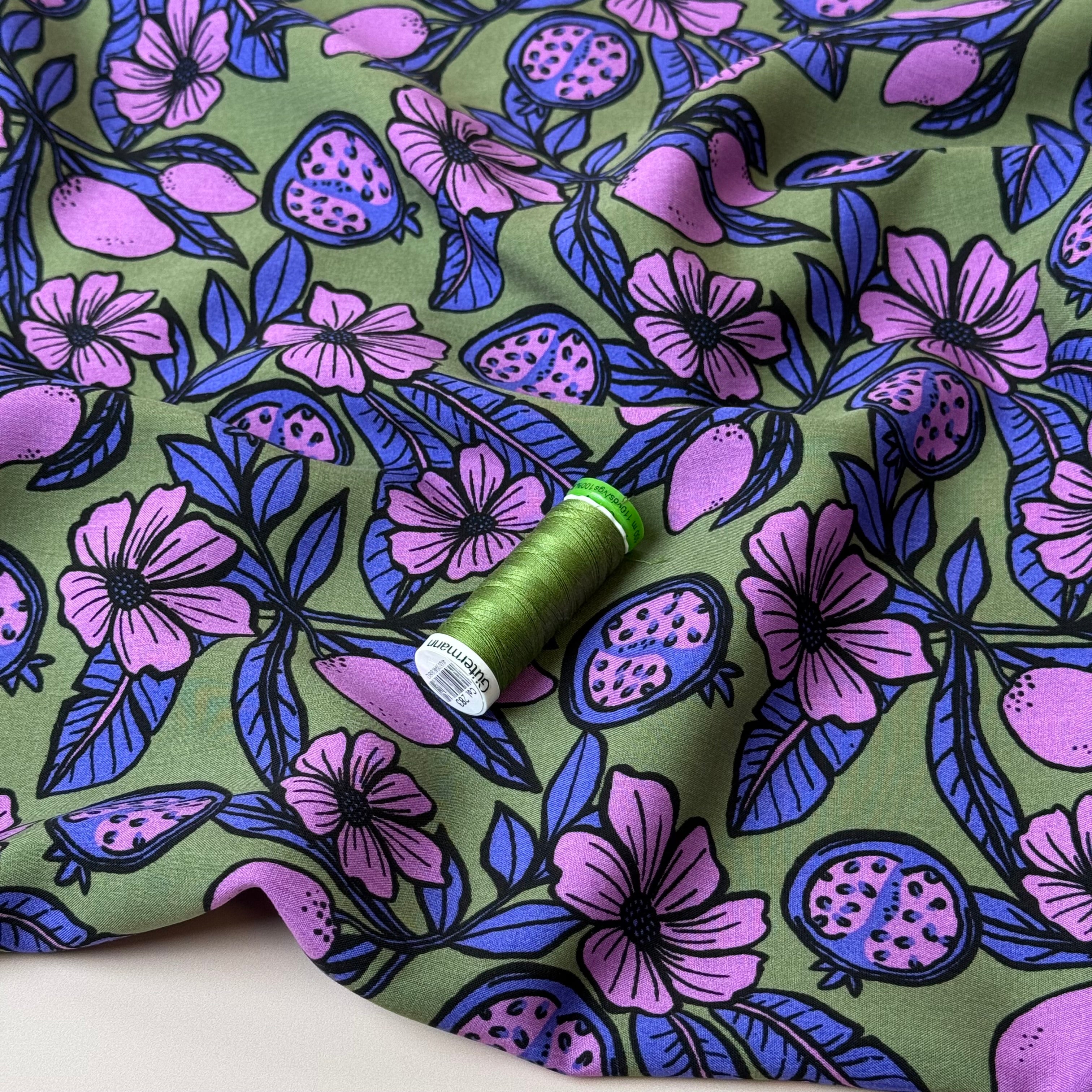 Pomegranates on Olive Green Viscose Fabric