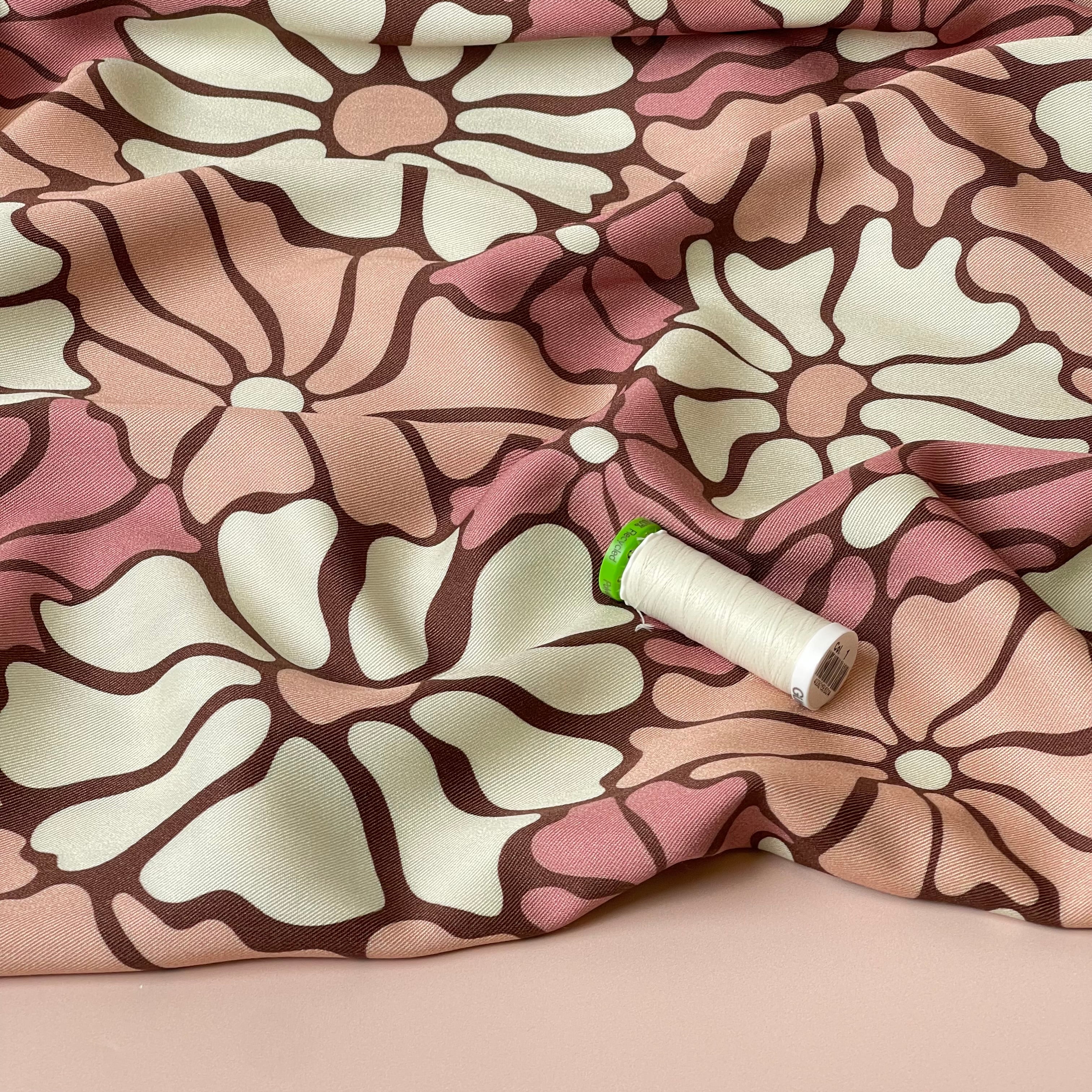 Light & Lush - Pink Blooms on Brown Viscose Twill Fabric