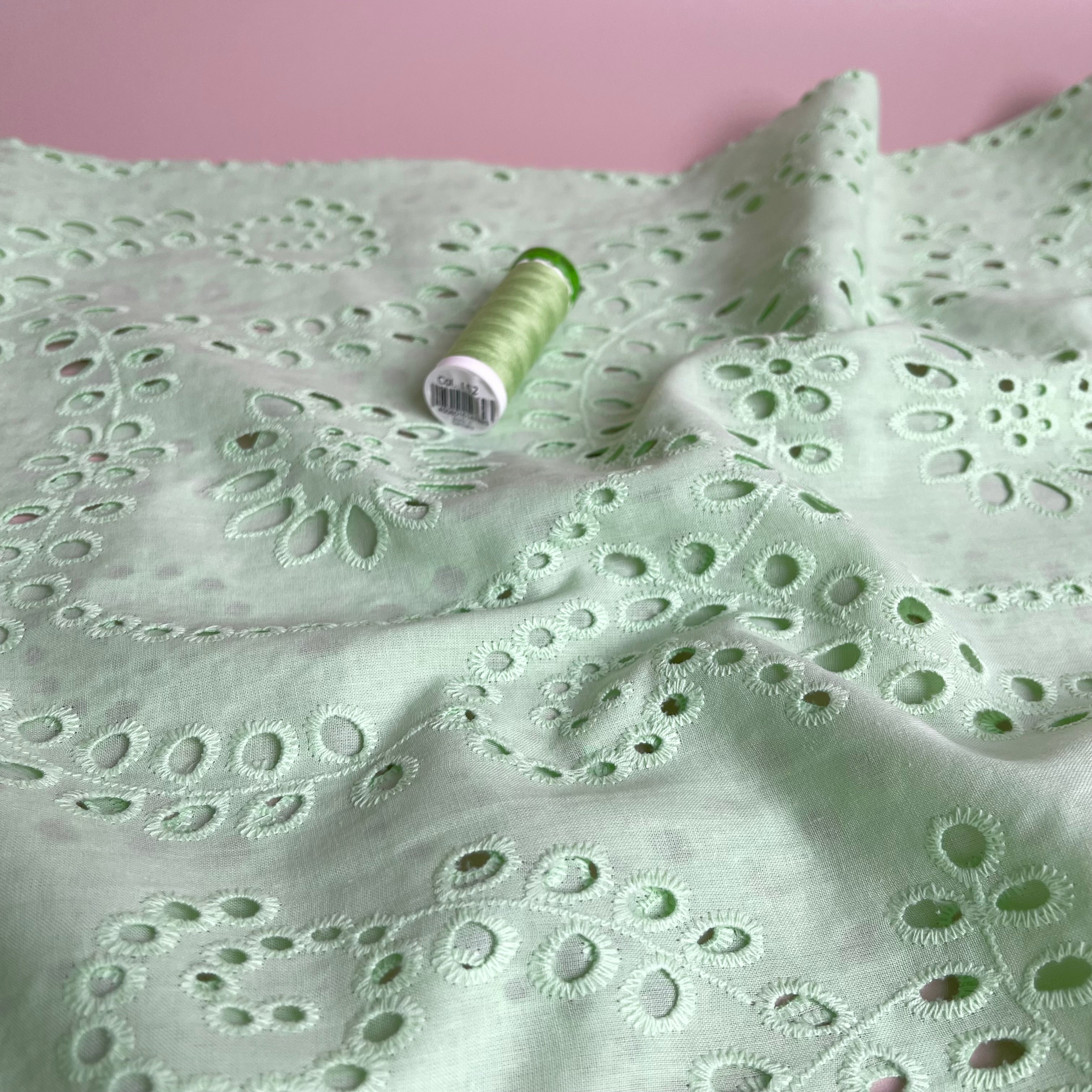 REMNANT 2.55 metres - Sweet Vines Mint Cotton Broderie Anglaise Fabric
