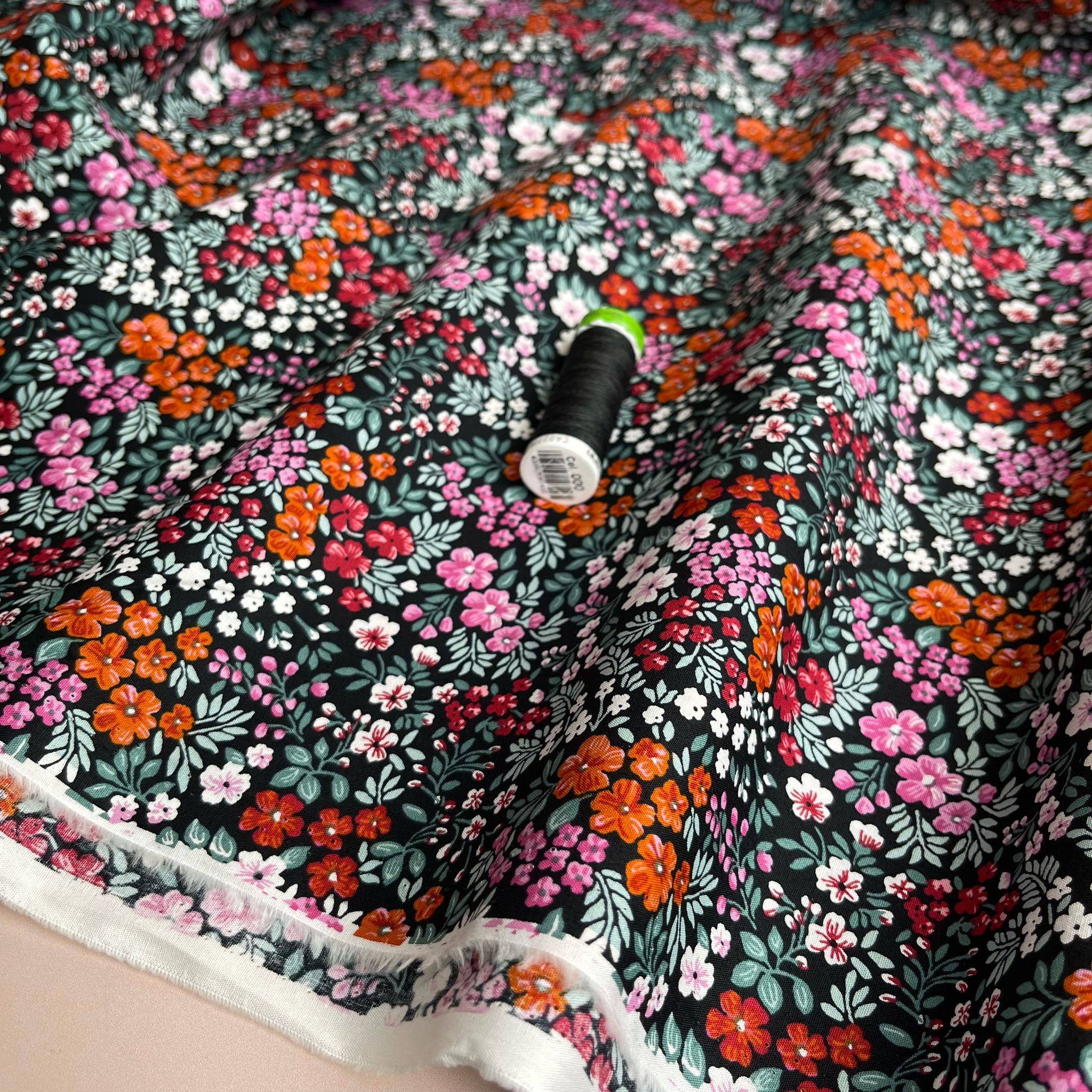 Ditsy Meadow on Black Cotton Poplin