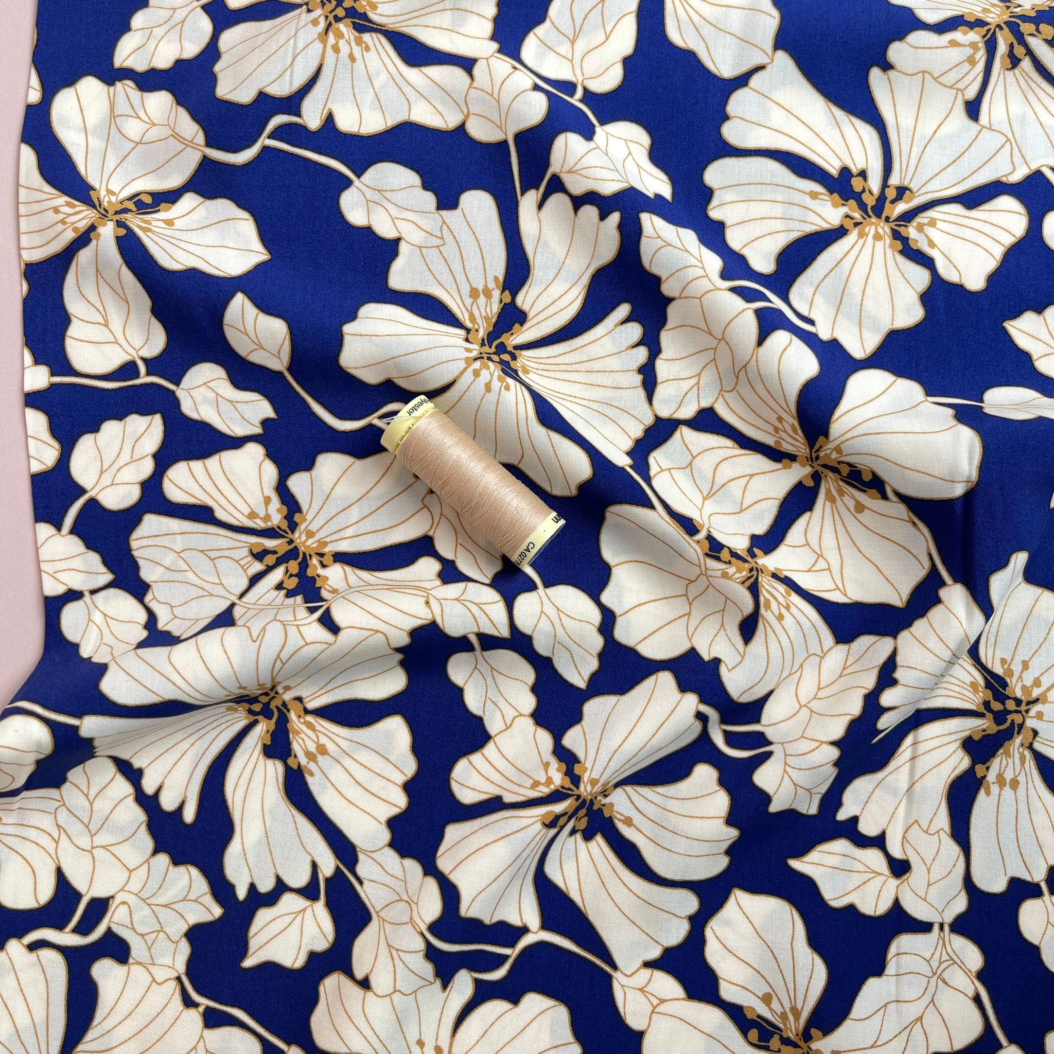 Golden Blooms on Cobalt Blue Viscose Fabric