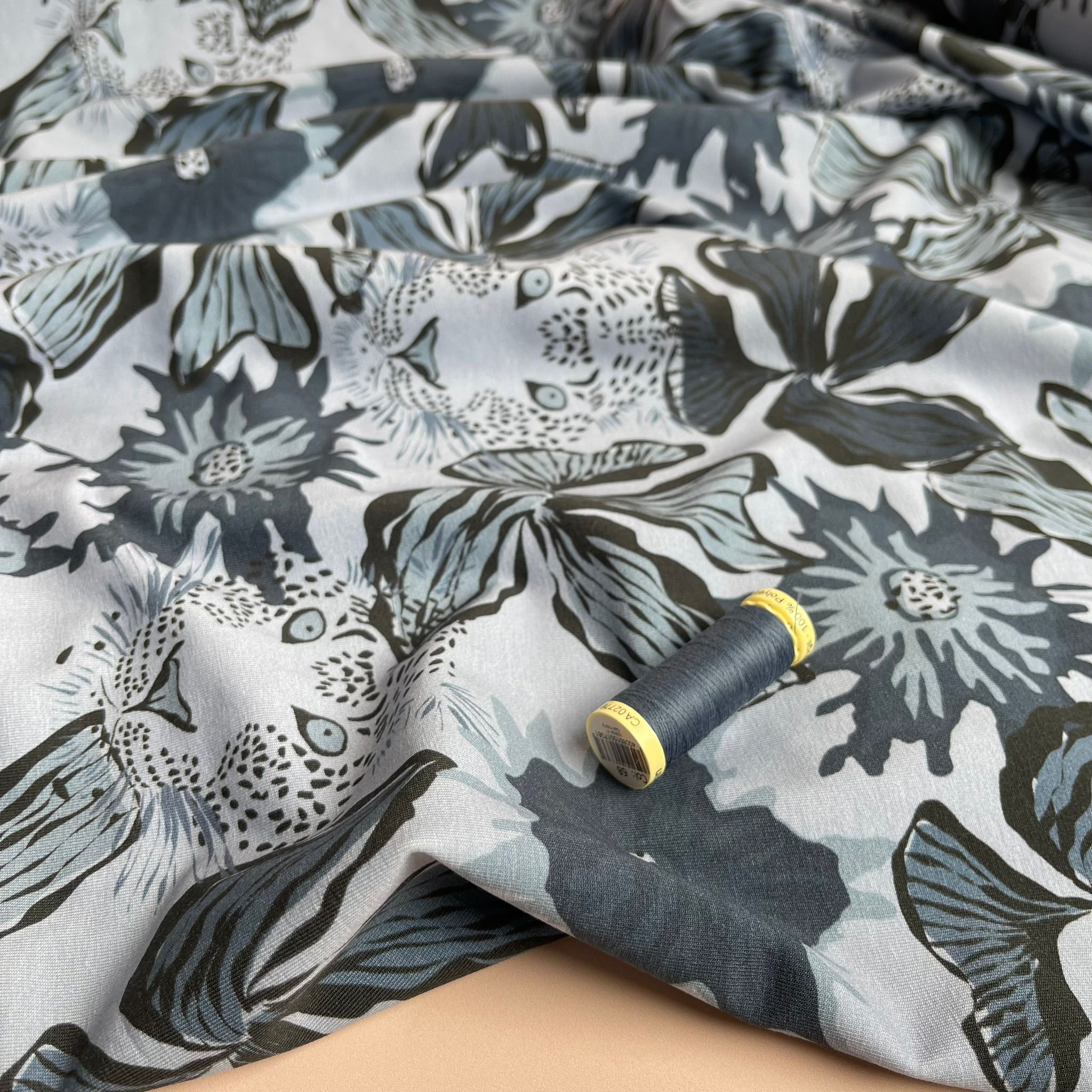 REMNANT 2.5 Metres - Danish Design - Blue Leopards Cotton Jersey