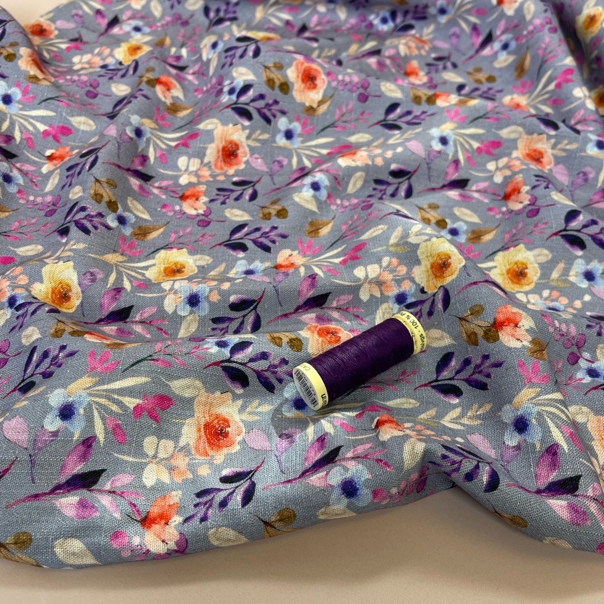 Purple Foliage on Lilac Viscose Linen Fabric