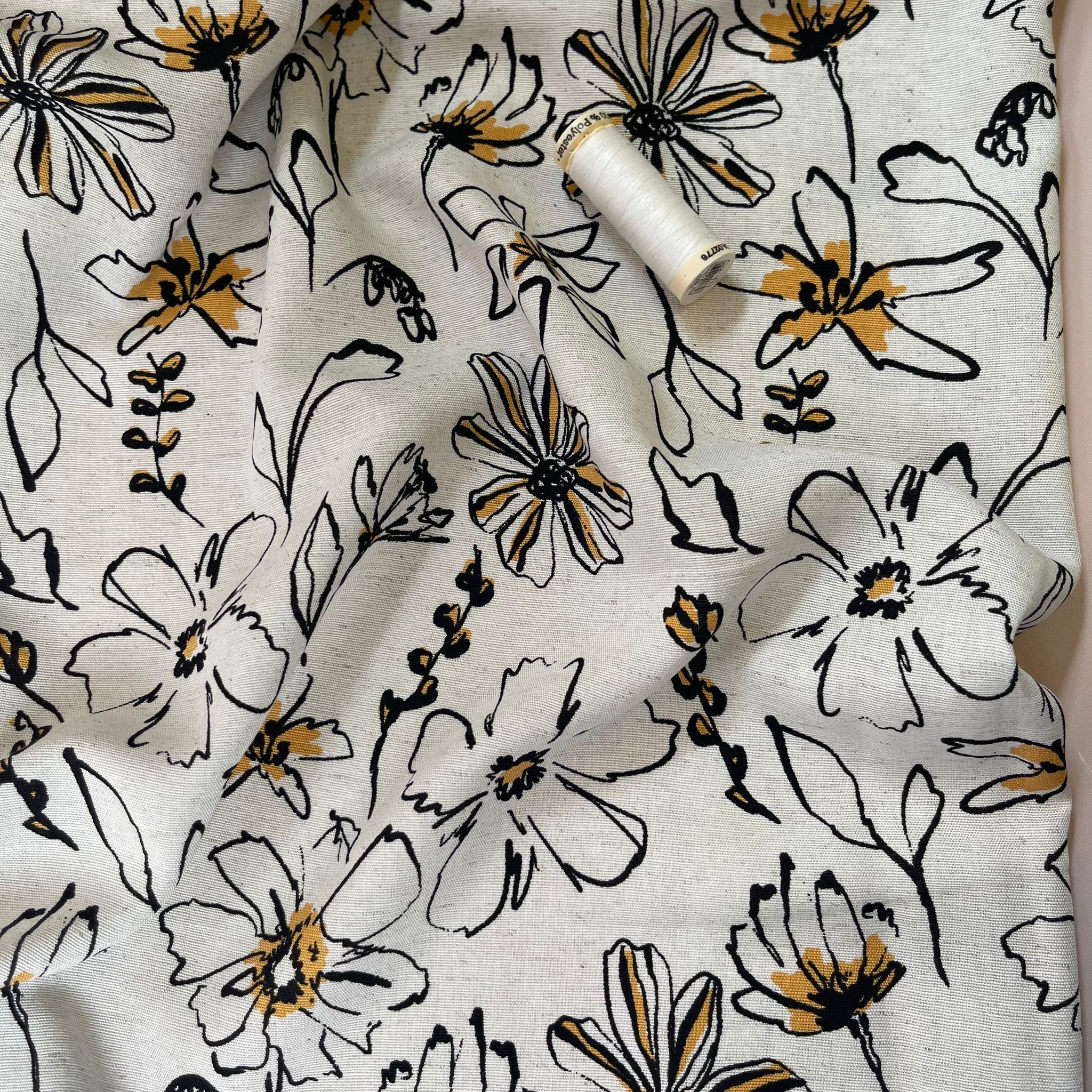 REMNANT 1.56 Metres - Sketched Flowers Yellow Viscose Linen Fabric