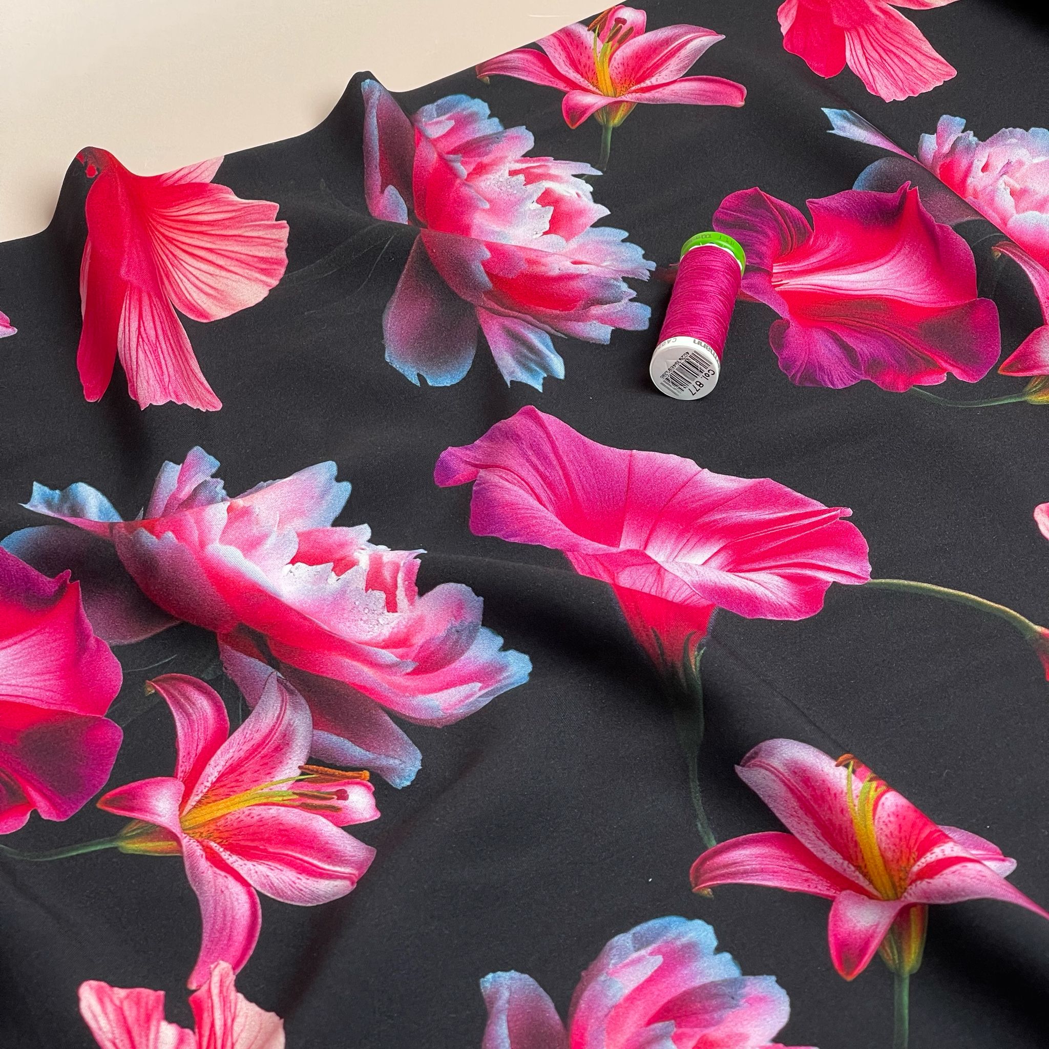 REMNANT 1.2 Metres - Fuchsia Blooms on Black Viscose Fabric