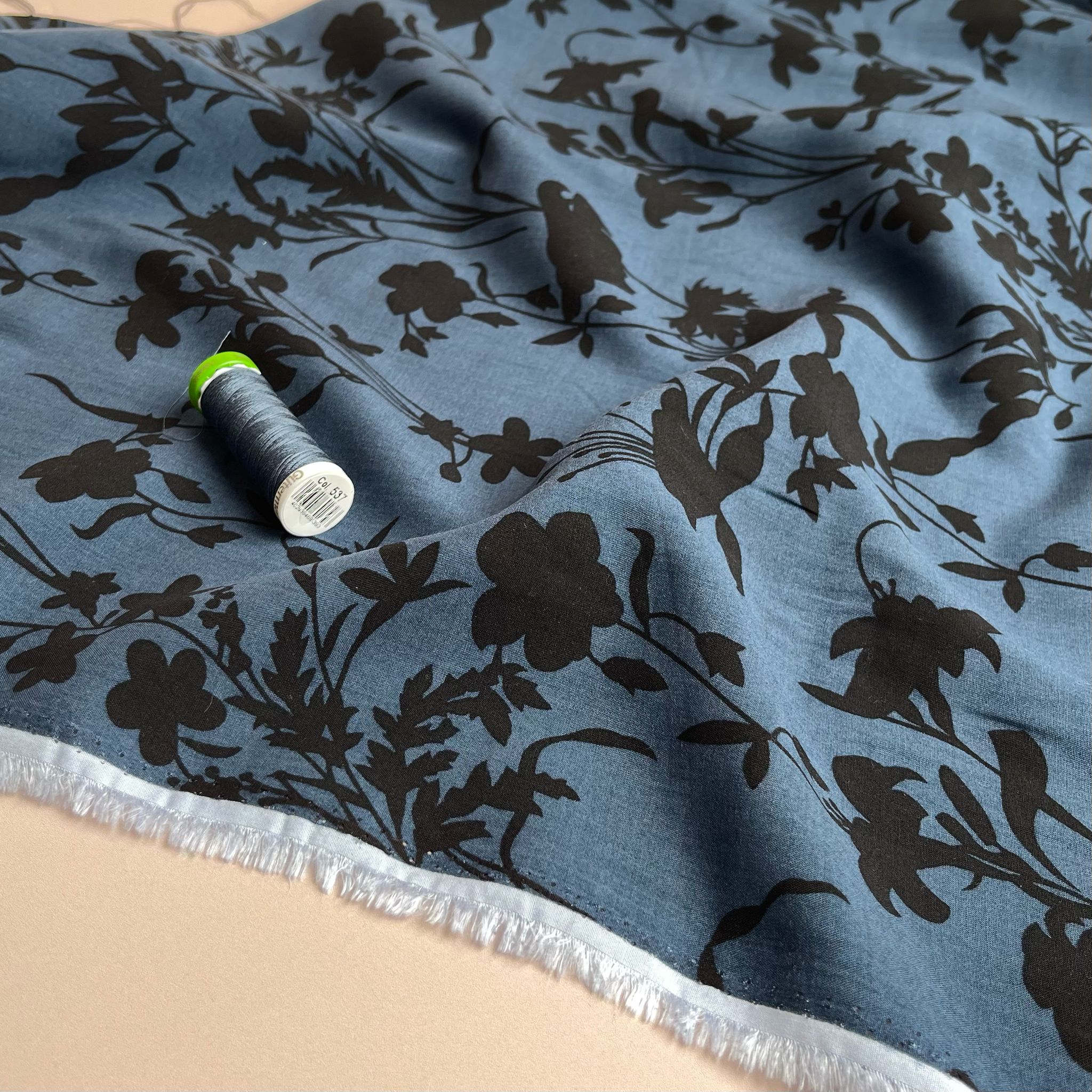 REMNANT 0.8 metres (some washable marks) Floral Shadows on Midnight Blue Viscose Fabric
