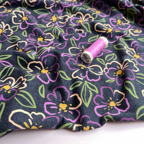 Floral Outline on Dark Grey Melange Jersey Fabric