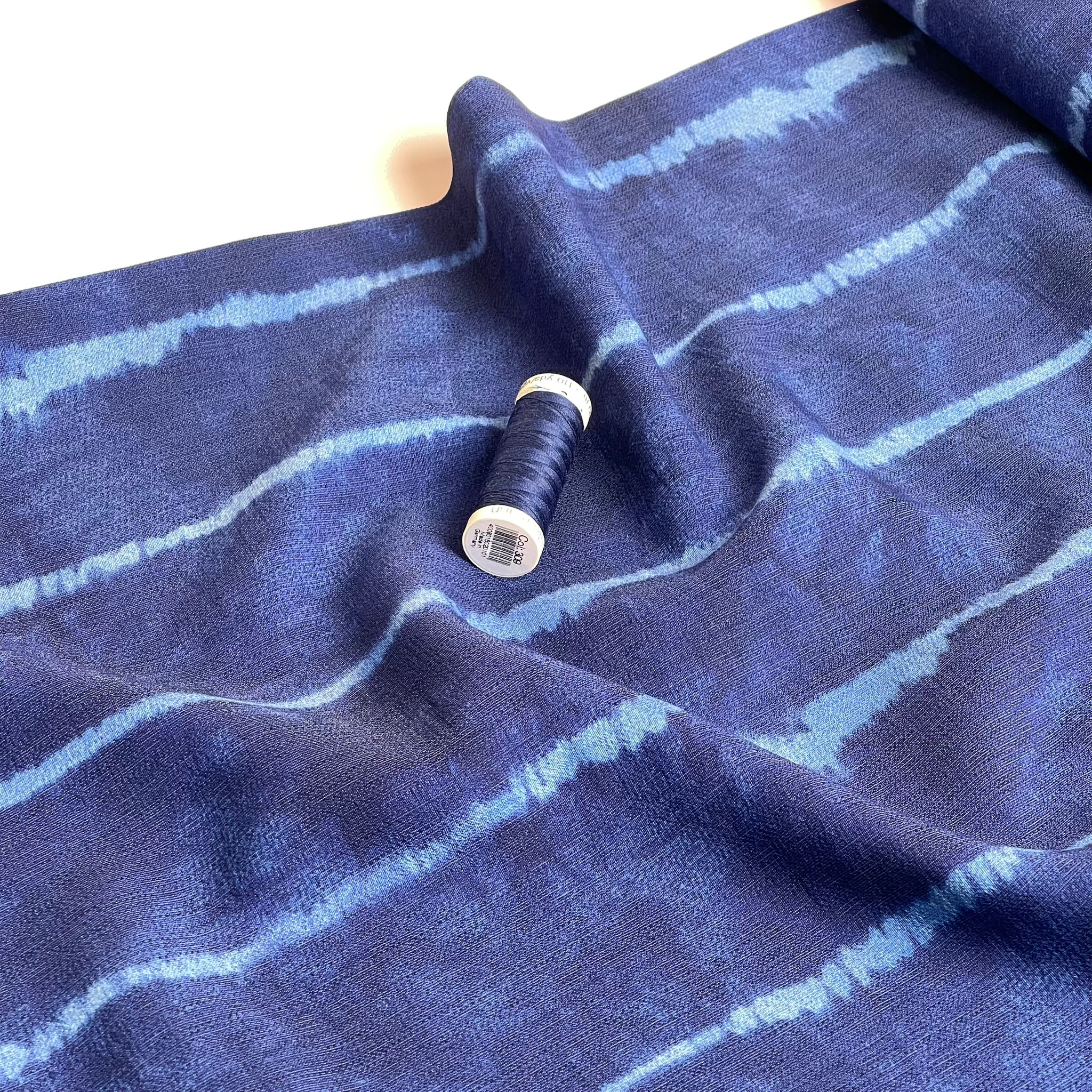 REMNANT 2.2 Metres - Tie Dye Stripes on Indigo Blue Textured Viscose Fabric