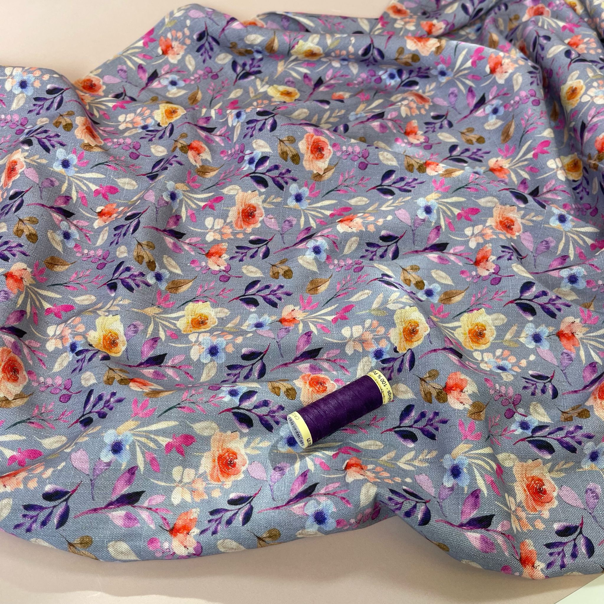 Purple Foliage on Lilac Viscose Linen Fabric