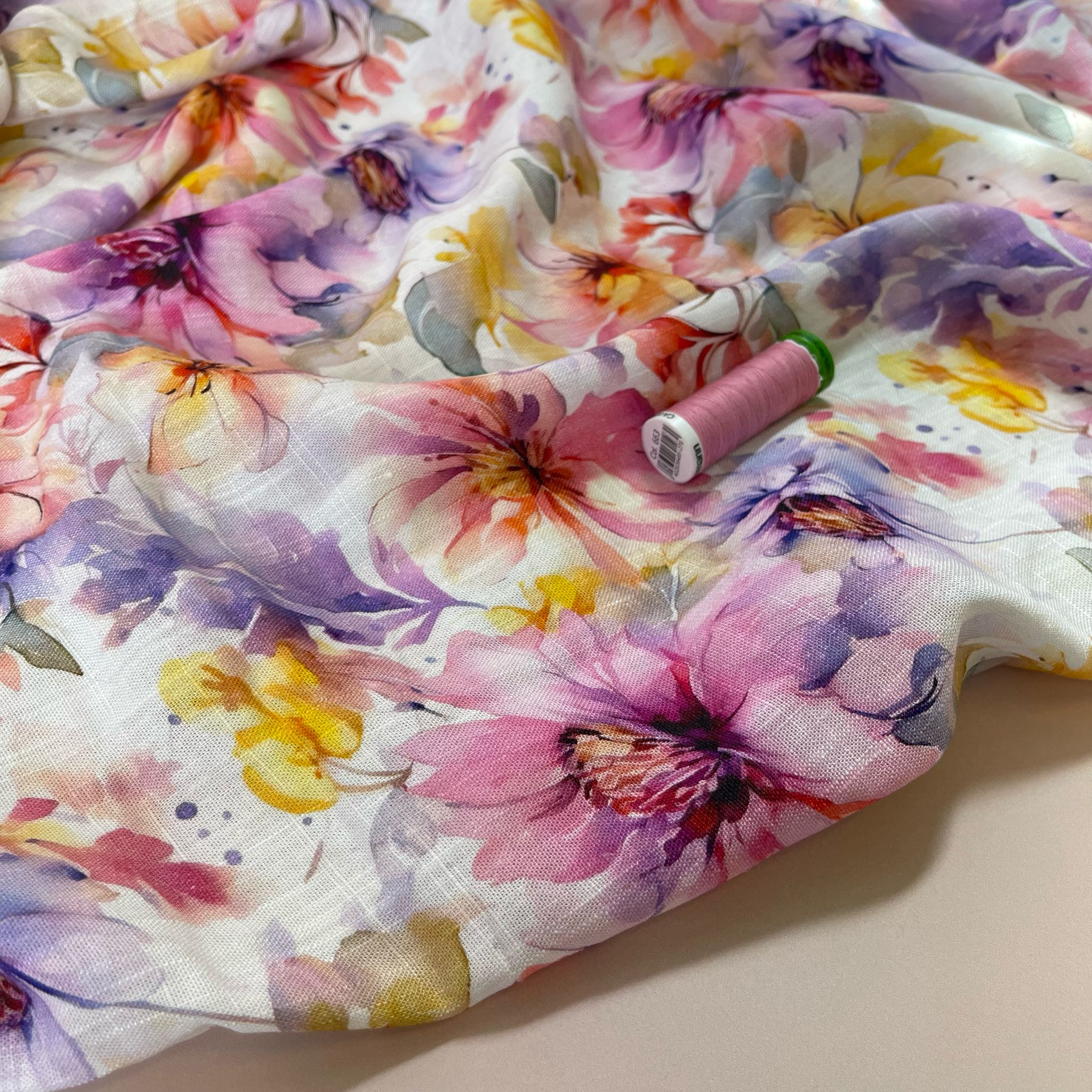 REMNANT 0.75 Metre - Watercolour Blooms Viscose Linen Fabric