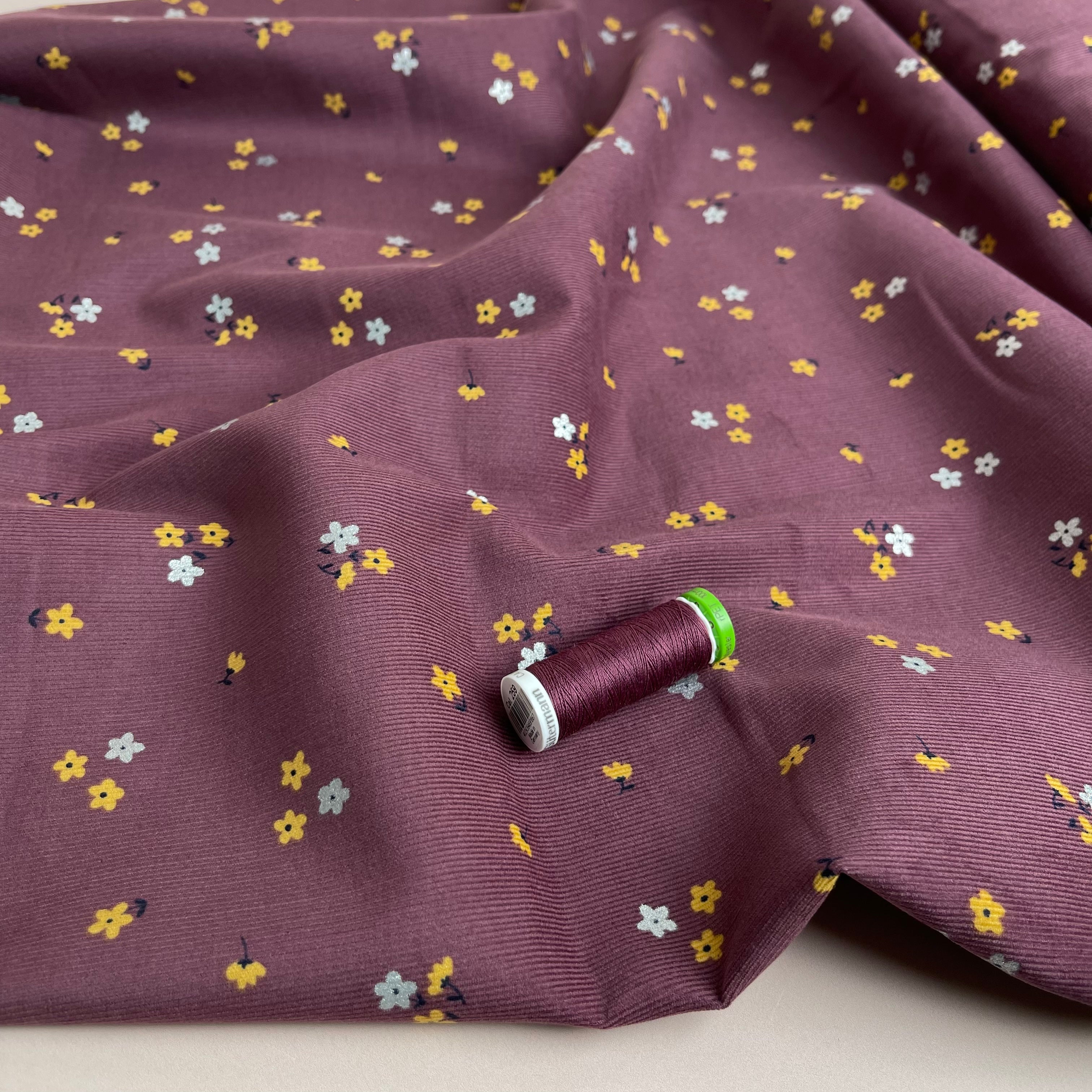 Small Flowers on Mulberry Cotton Needlecord