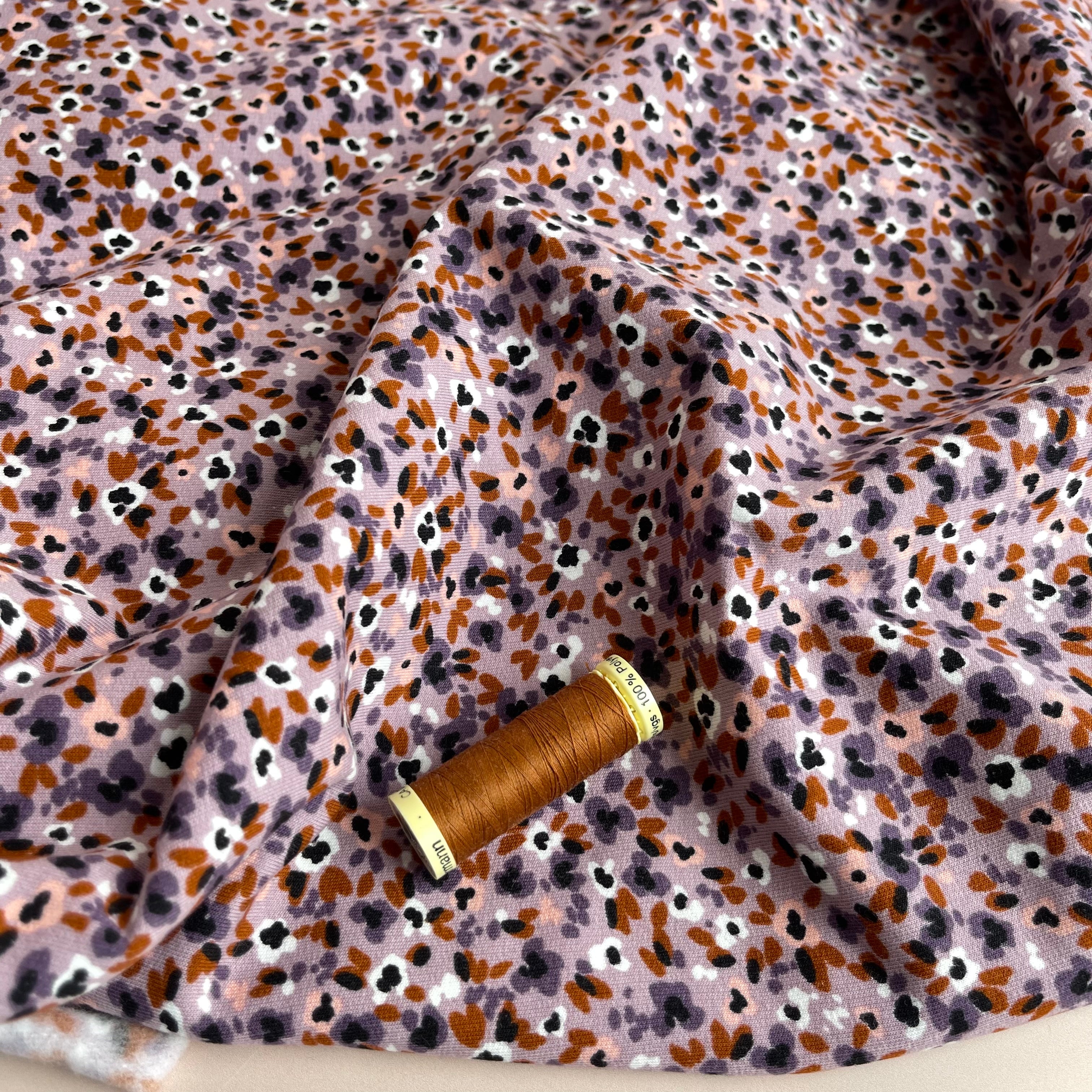 Abstract Flowers on Lilac Peach Soft Cotton Sweat-shirting Fabric