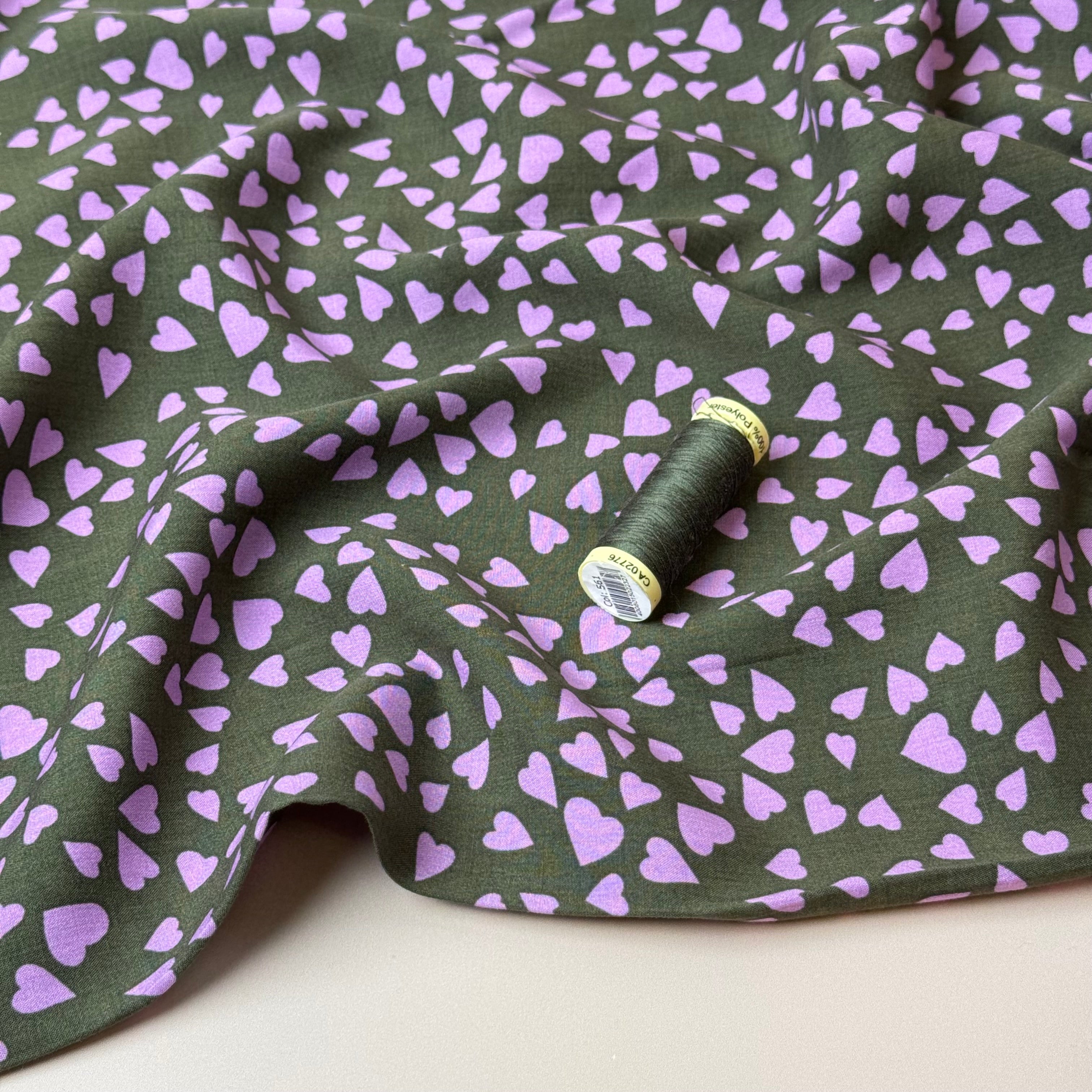 Shower of Hearts in Khaki Green LENZING™ ECOVERO™ Viscose Fabric