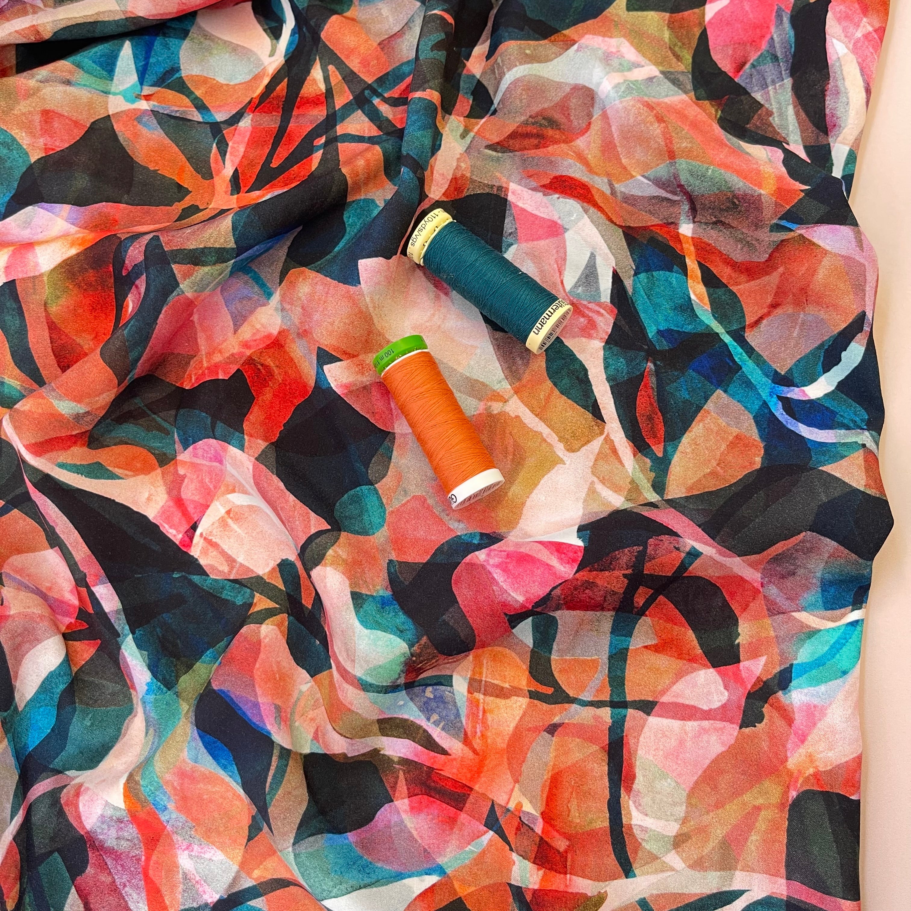 REMNANT 1 Metre - Summer Party - Painted Foliage Sunset Viscose Fabric
