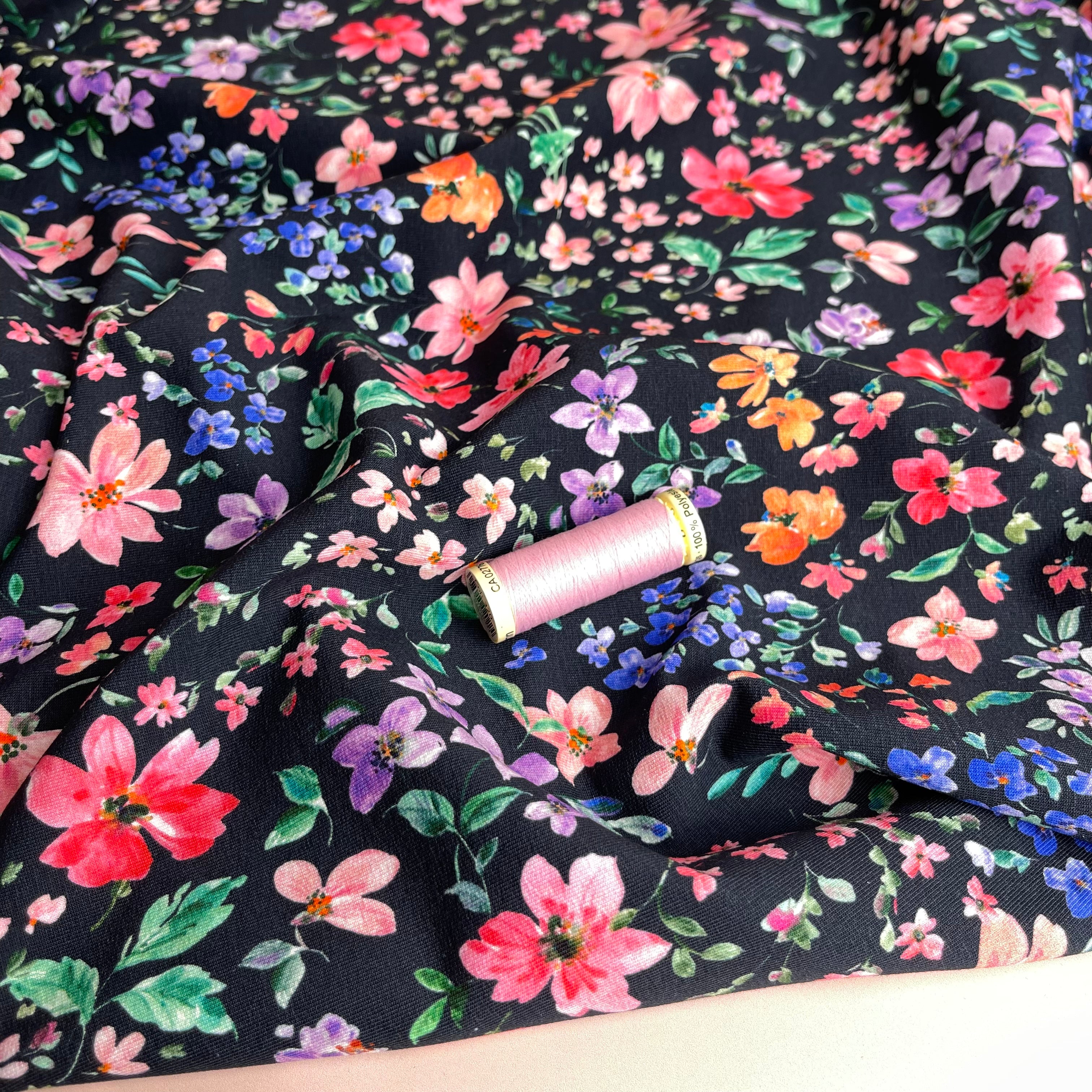 REMNANT 2.65 Metres - Small Flowers on Navy Cotton French Terry