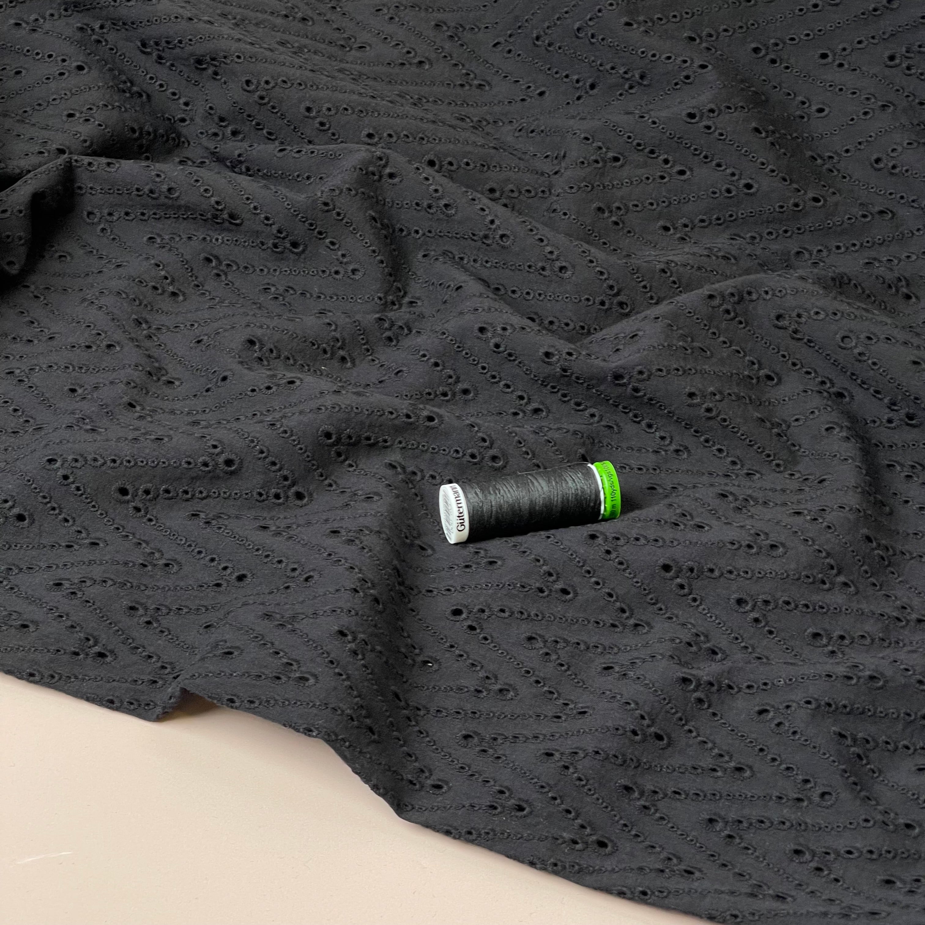 Embroidered Zig-Zags on Black Cotton Broderie Anglaise Fabric