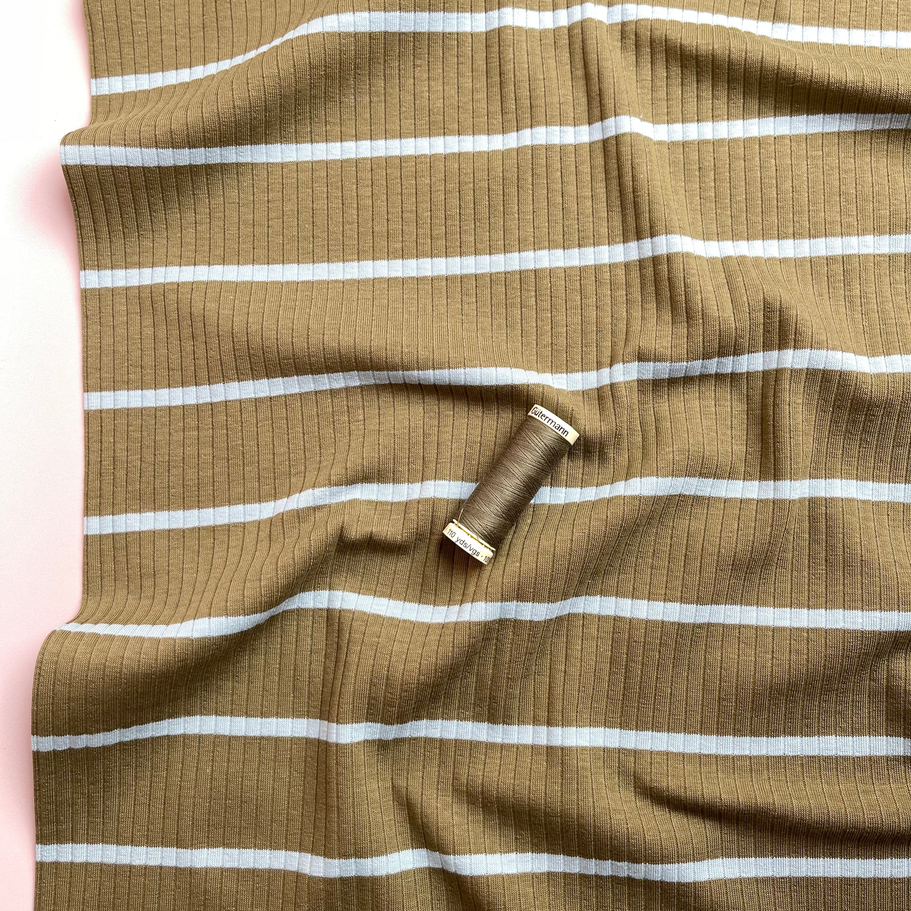 Yarn Dyed Striped Cotton Ribbed Jersey in Khaki & Mint