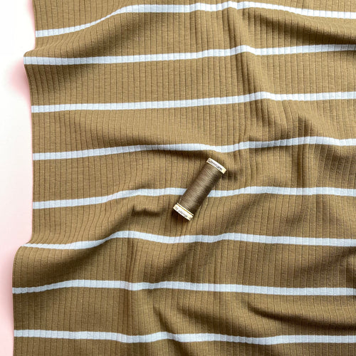Yarn Dyed Striped Cotton Ribbed Jersey in Khaki & Mint