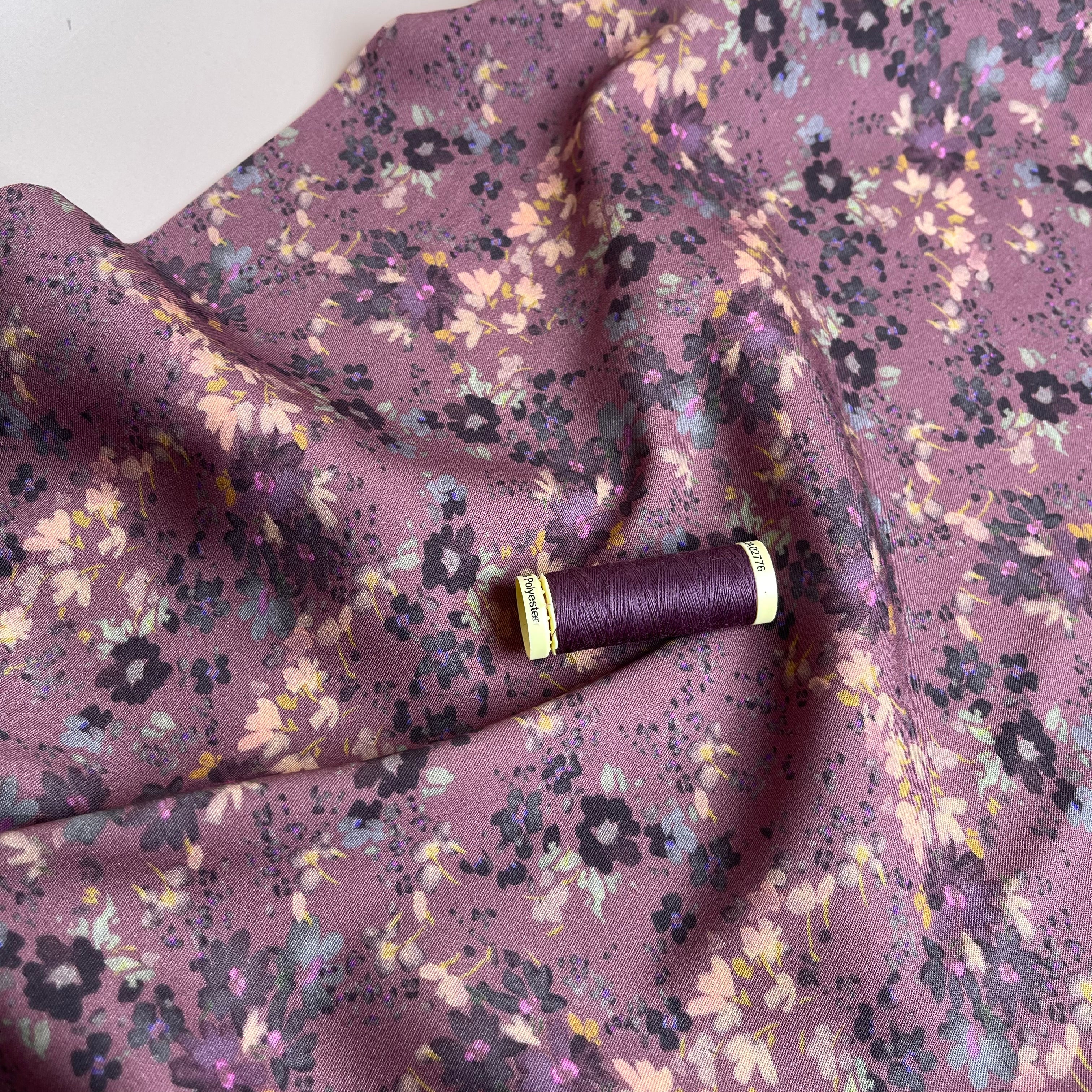 Rosella Watercolour Flowers on Rosewood Stretch Viscose Twill Fabric