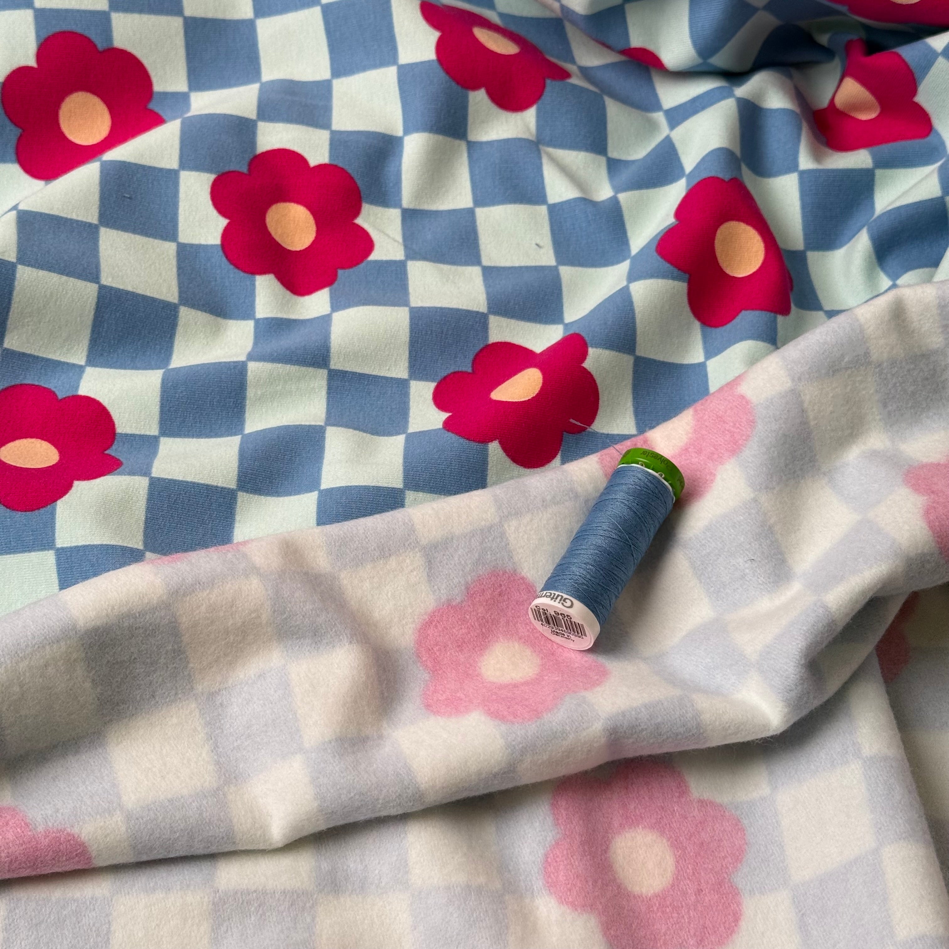 Gingham Flowers Blue Soft Cotton Sweat-shirting Fabric