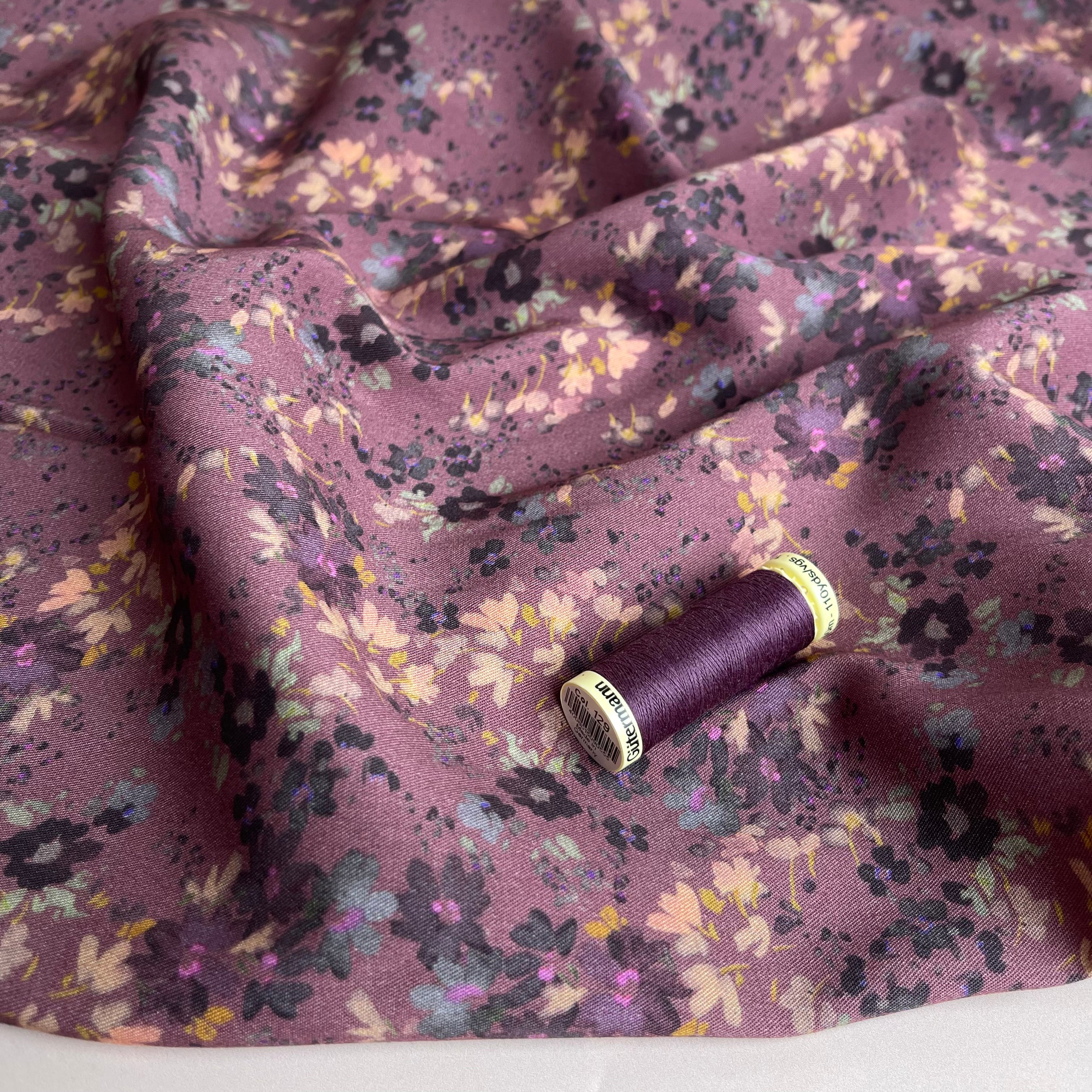 REMNANT 0.68 metre - Rosella Watercolour Flowers on Rosewood Stretch Viscose Twill Fabric
